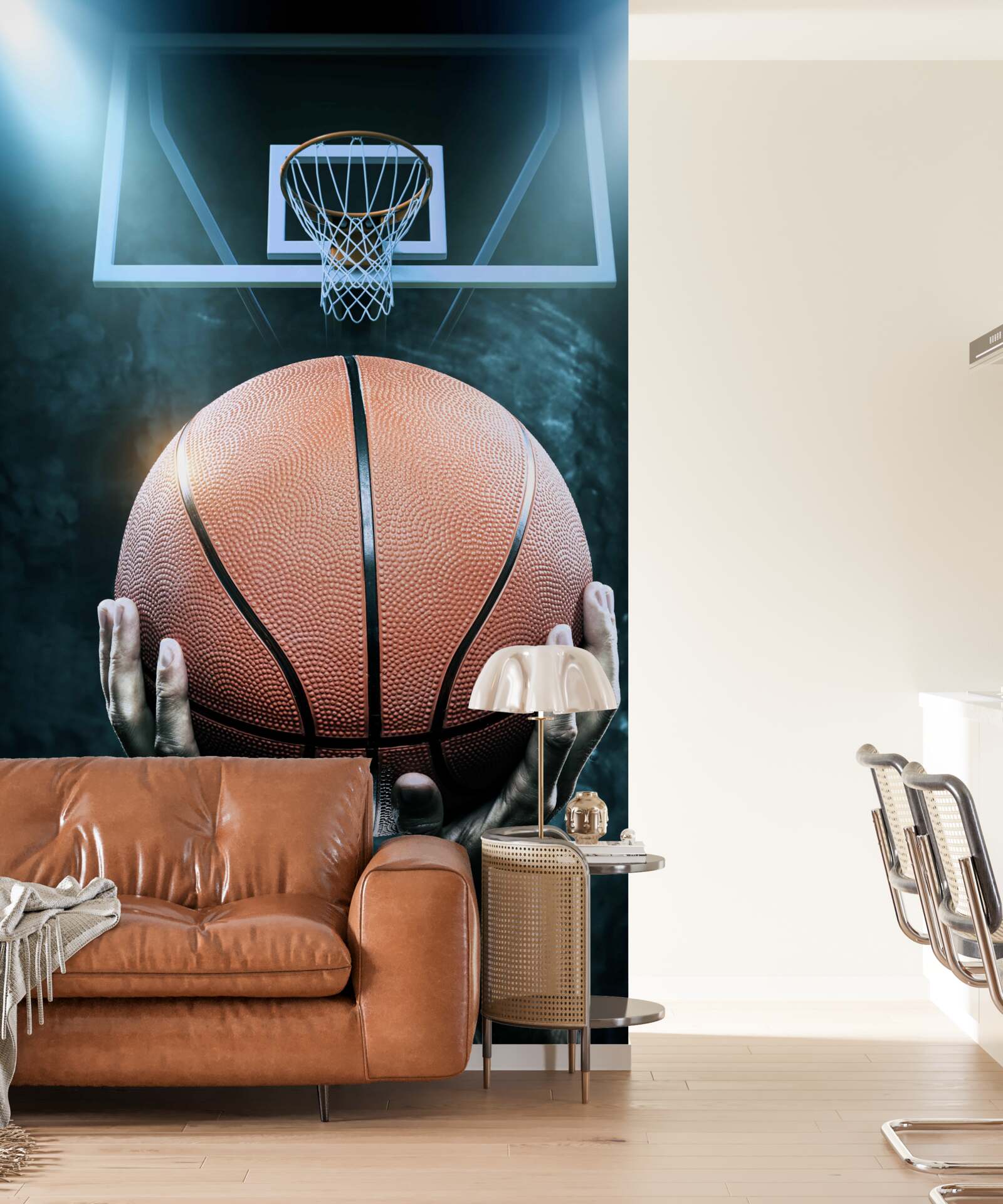 Fototapeta v pozadí obruče sa v rukách drží basketbalová lopta