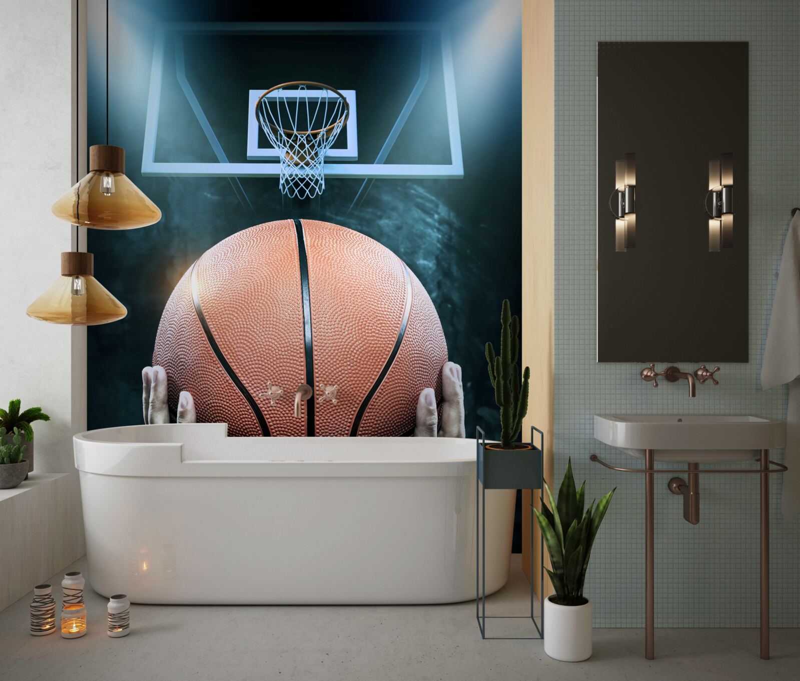 Fototapeta v pozadí obruče sa v rukách drží basketbalová lopta