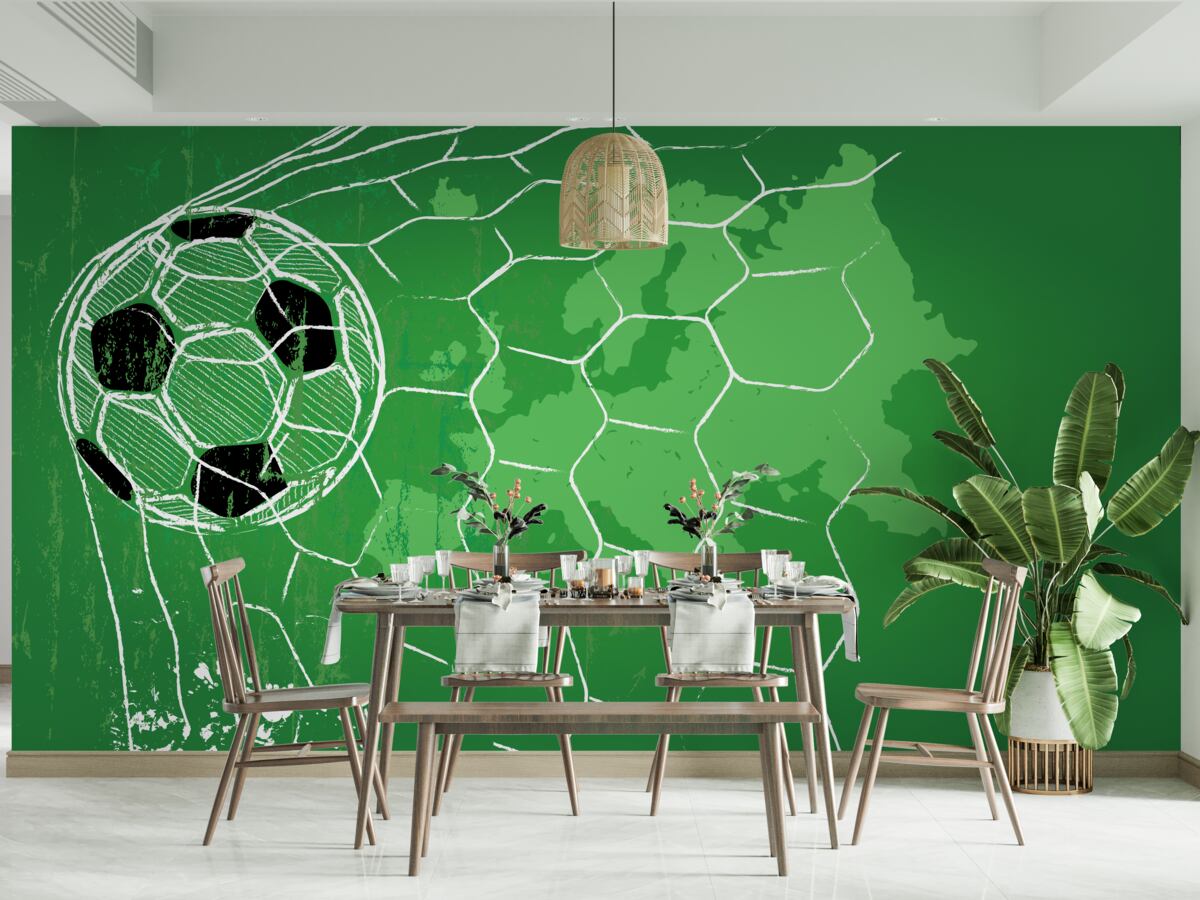 Fototapeta obrys futbalovej lopty a siete na zelenom pozadí