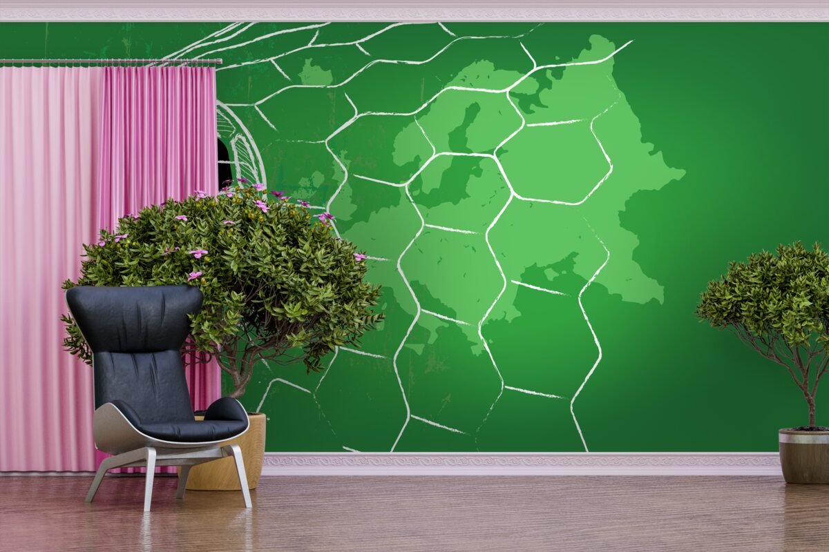 Fototapeta obrys futbalovej lopty a siete na zelenom pozadí