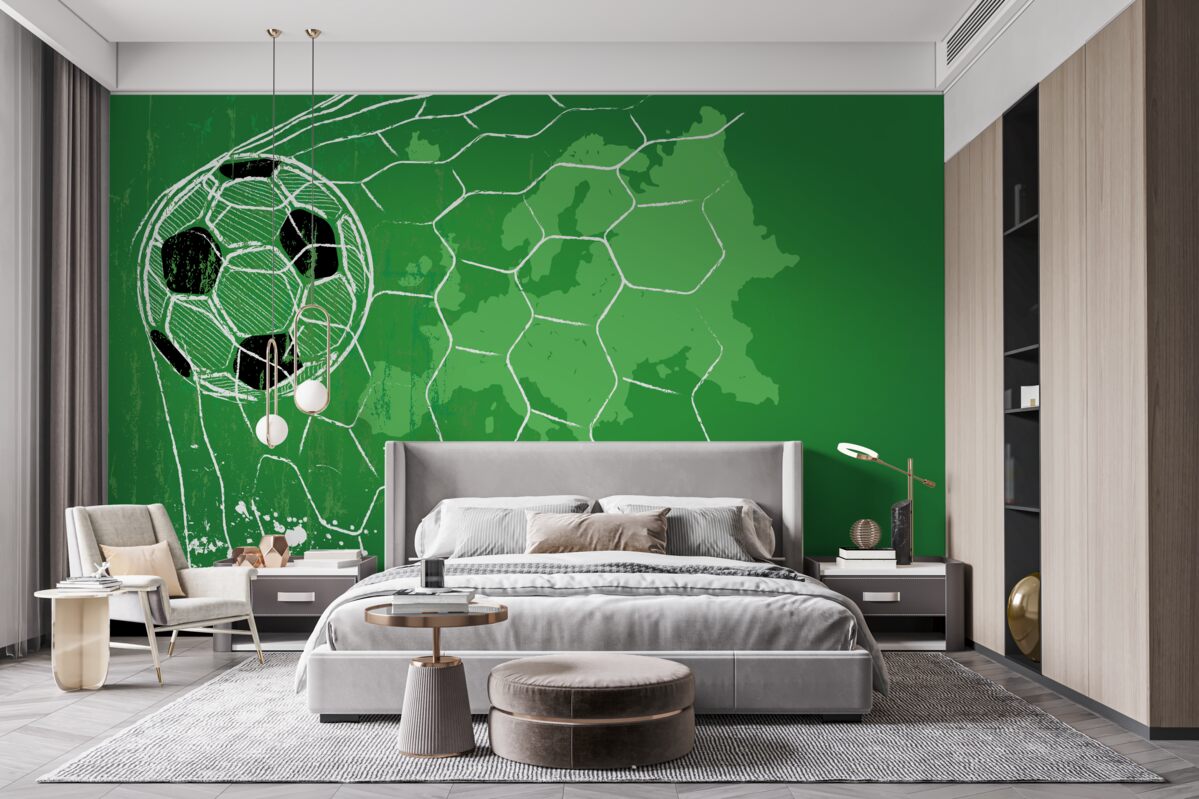 Fototapeta obrys futbalovej lopty a siete na zelenom pozadí