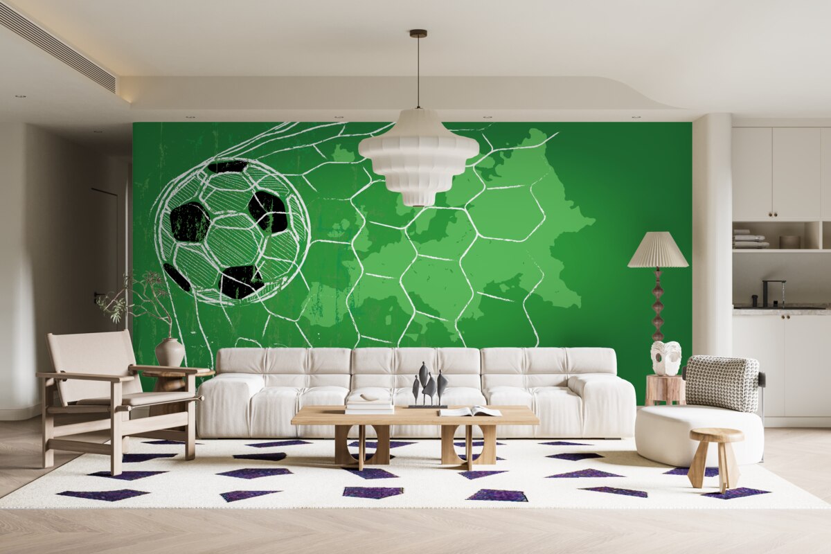 Fototapeta obrys futbalovej lopty a siete na zelenom pozadí