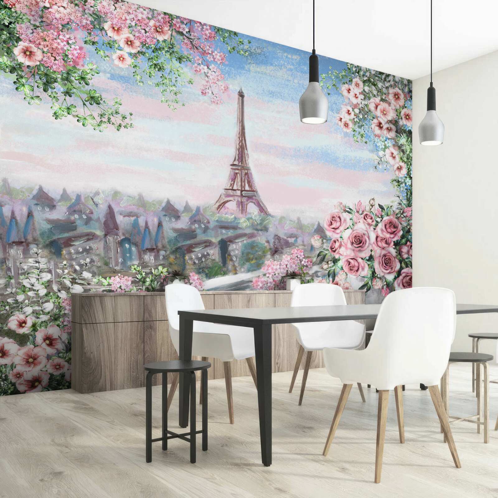 Fototapeta ružové kvety v záhrade pred Eiffelovou vežou