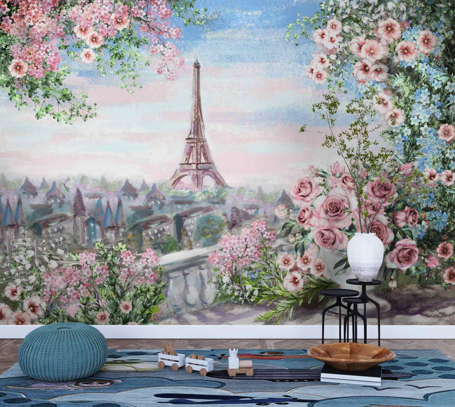 Fototapeta ružové kvety v záhrade pred Eiffelovou vežou