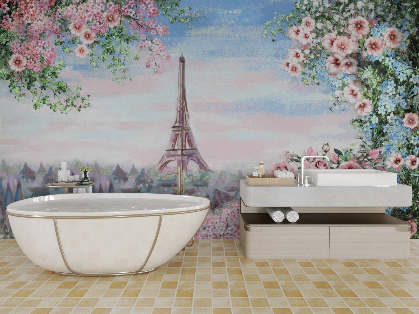 Fototapeta ružové kvety v záhrade pred Eiffelovou vežou