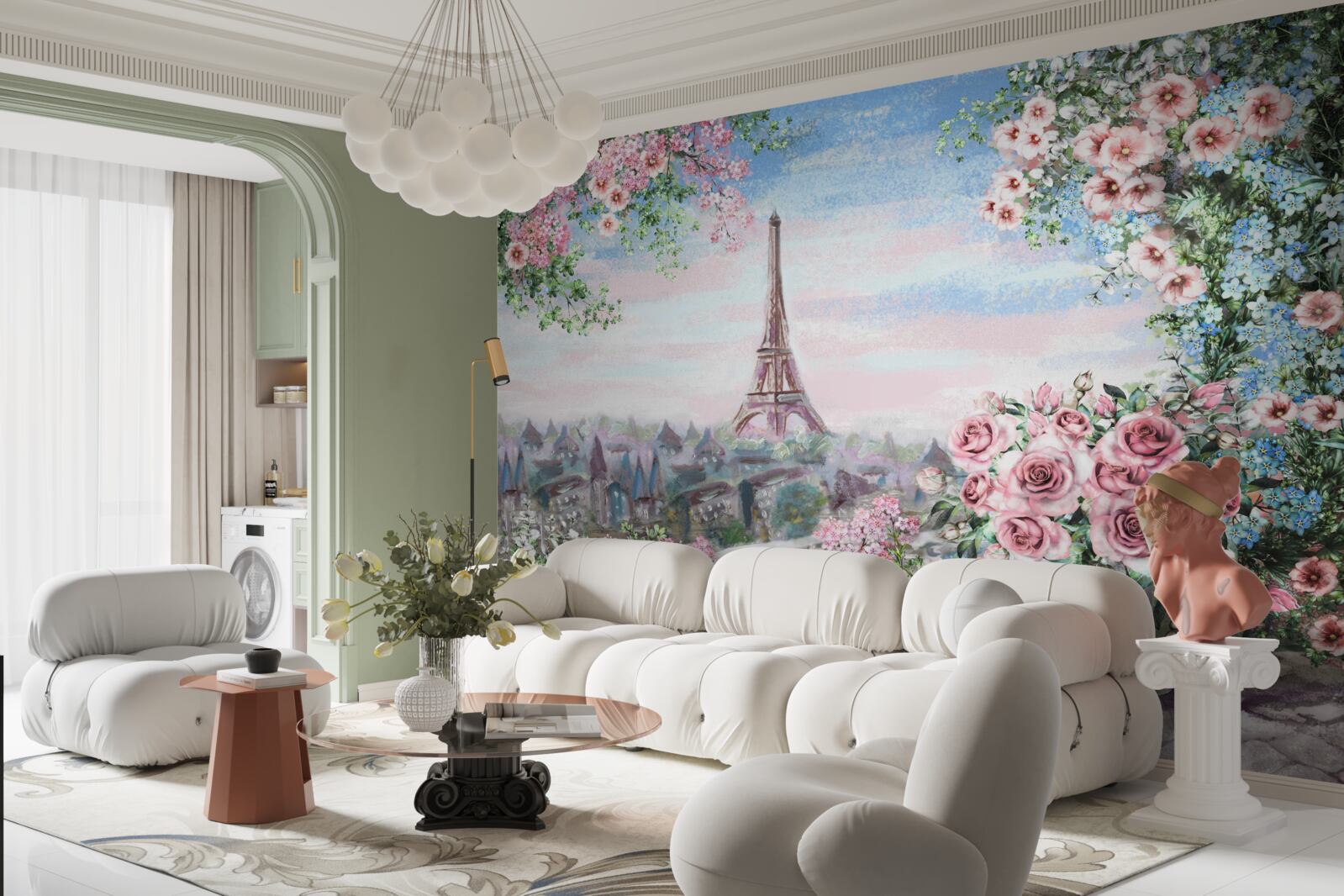 Fototapeta ružové kvety v záhrade pred Eiffelovou vežou