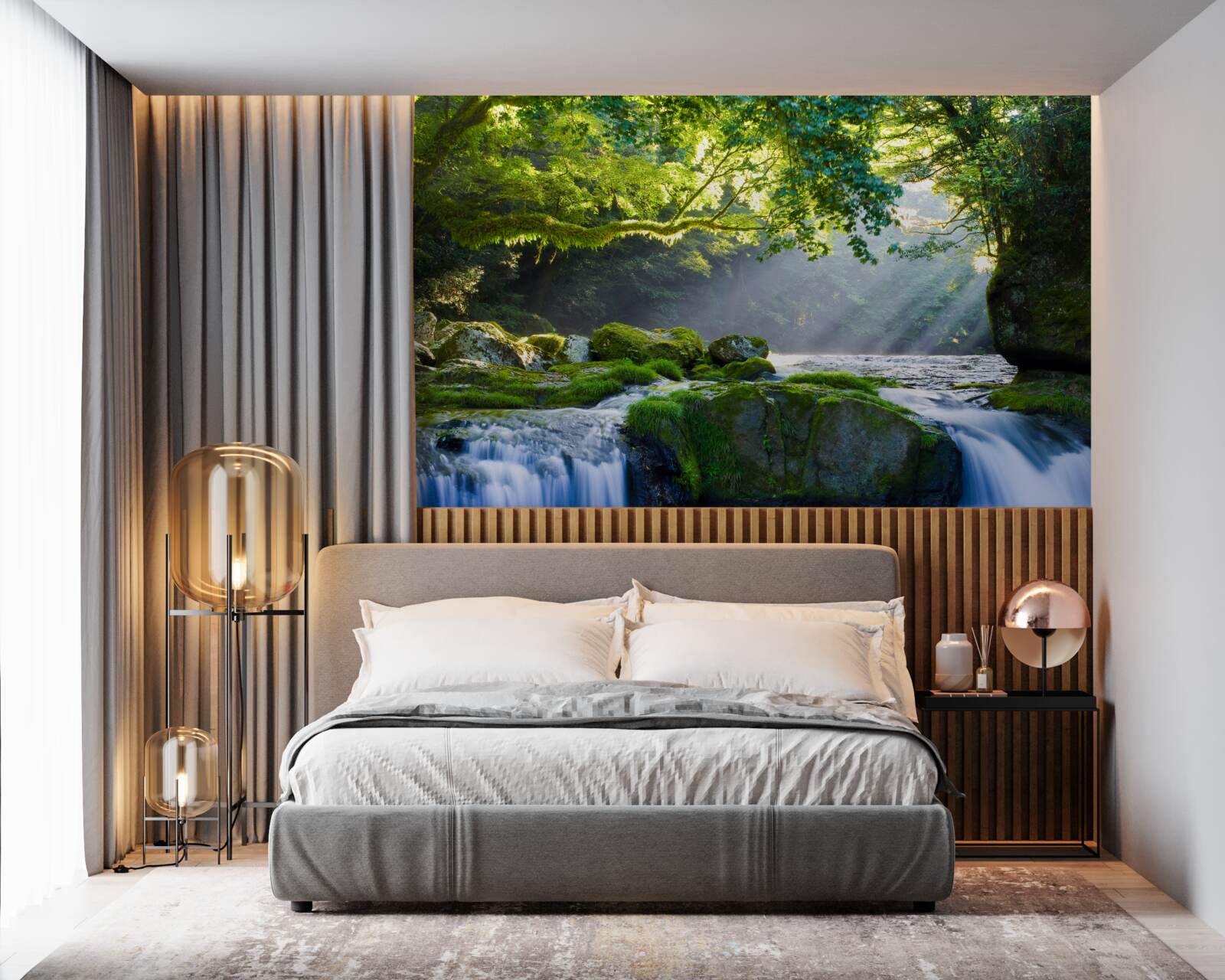 Fototapeta slnečné lúče dopadajú k lesnému vodopádu