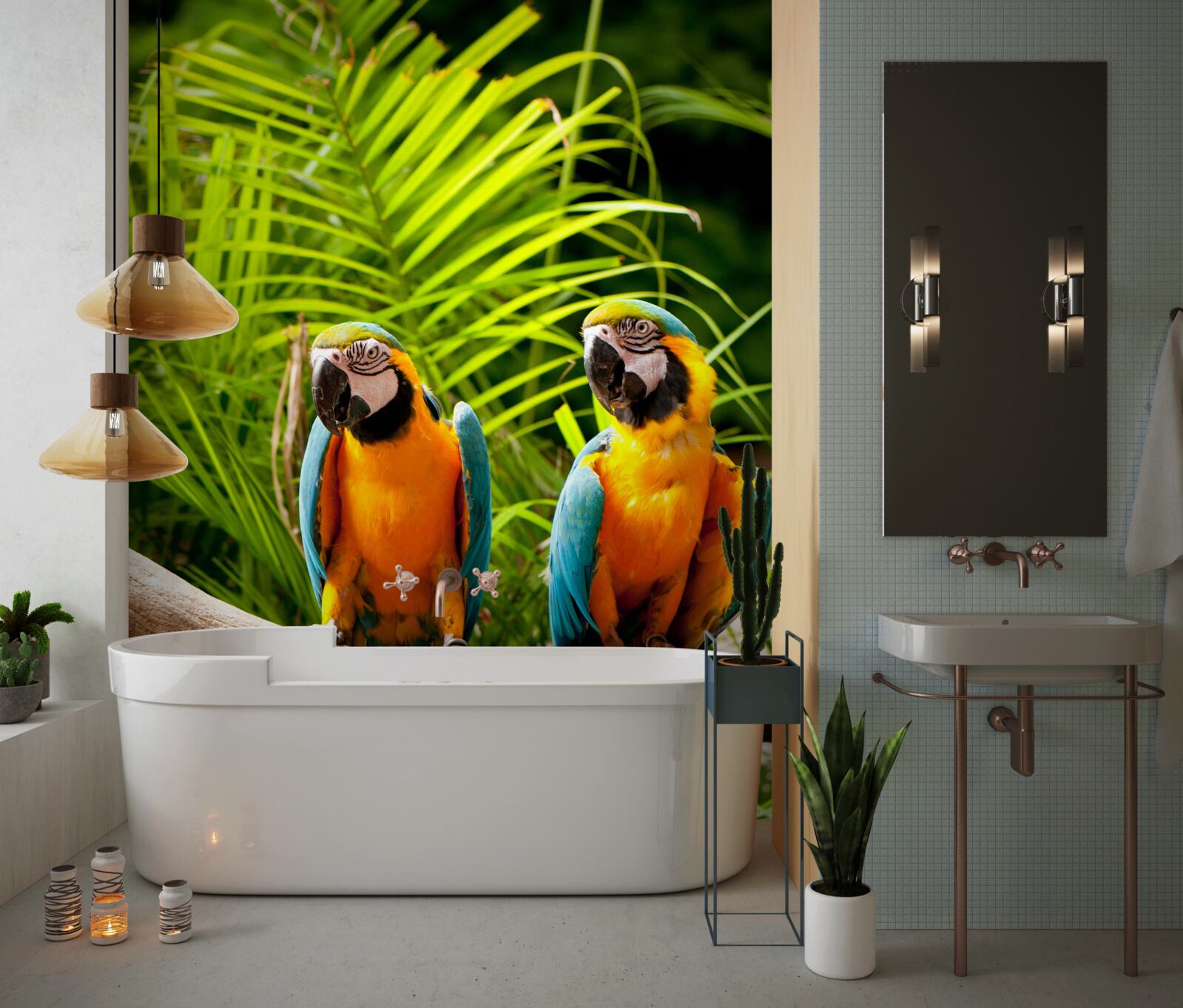 Fototapeta dva ary sedia na palmových vetvách