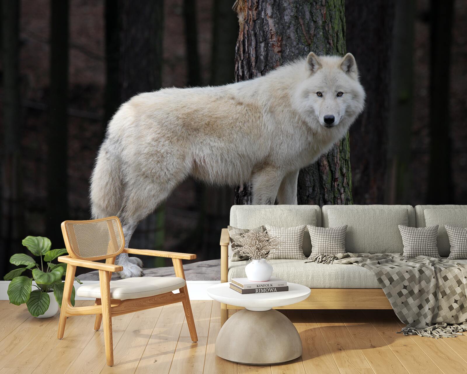 Fototapeta sivý vlk na drevenom polene