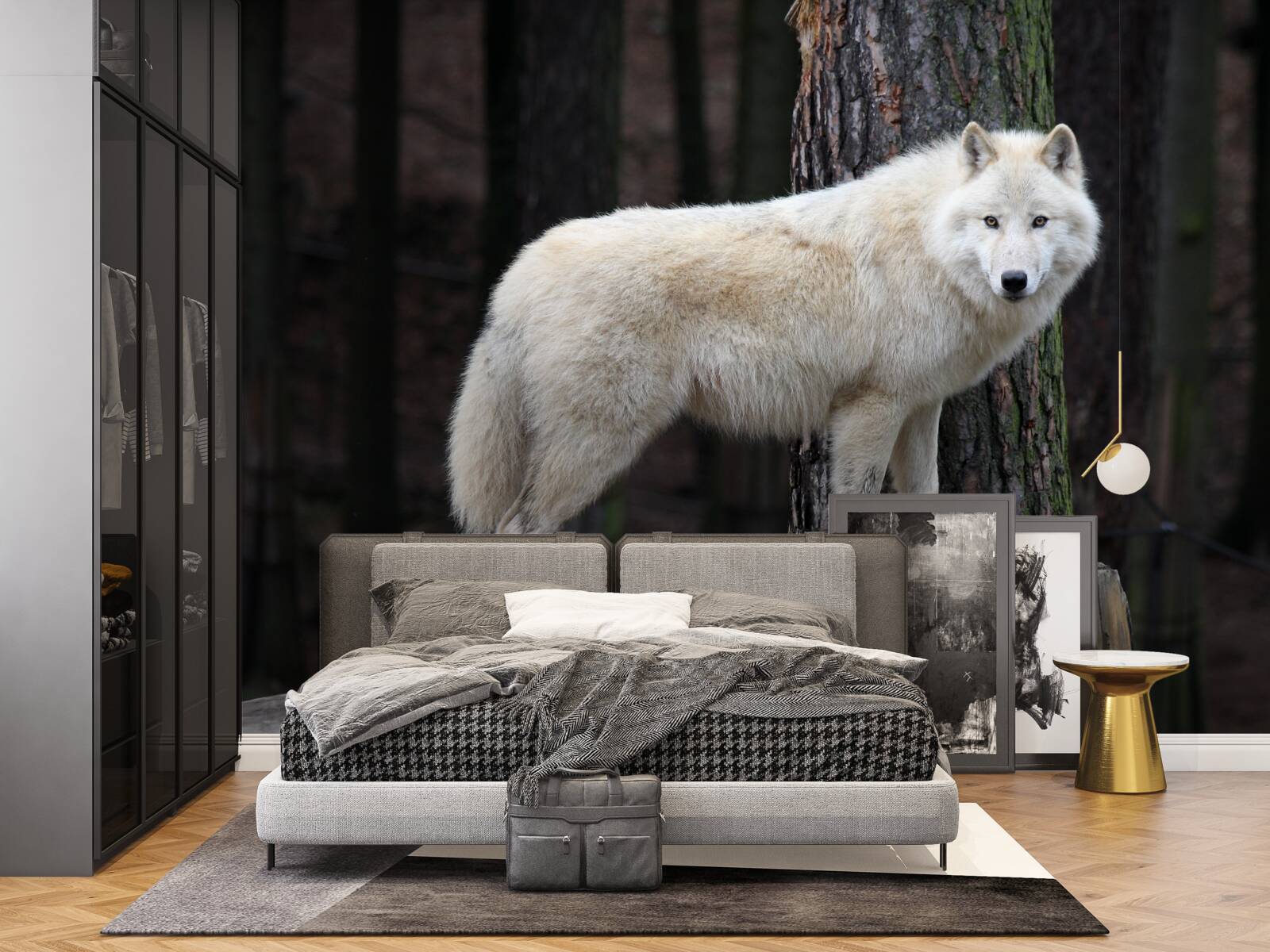Fototapeta sivý vlk na drevenom polene