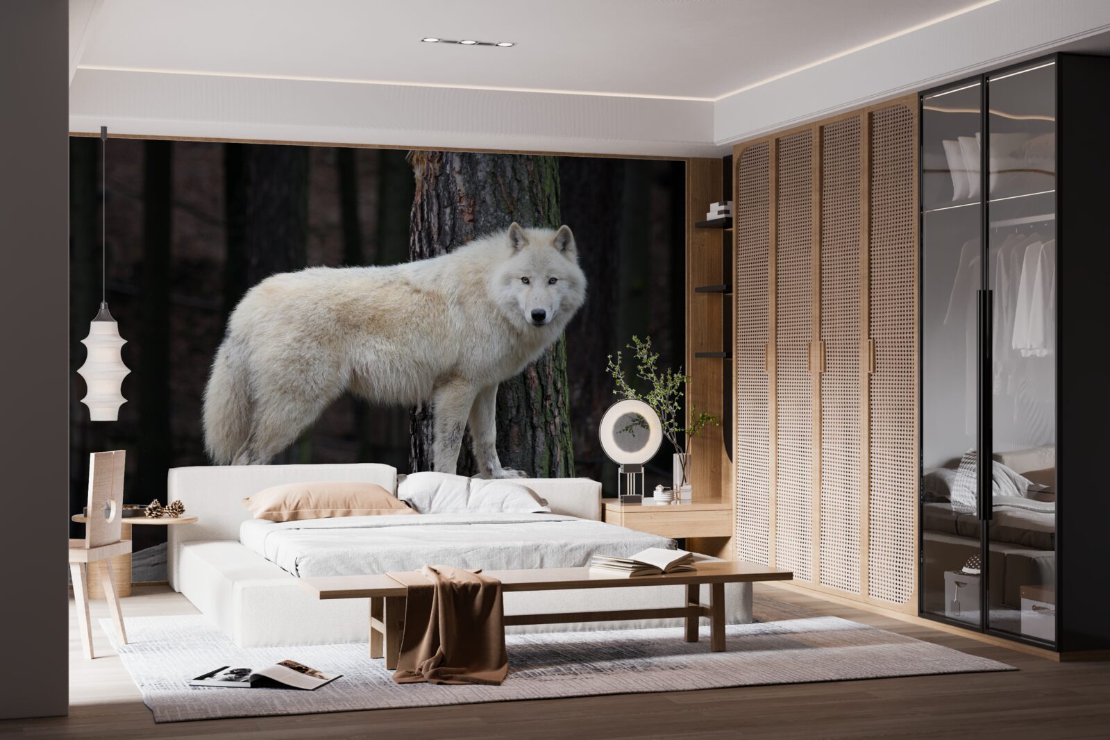 Fototapeta sivý vlk na drevenom polene