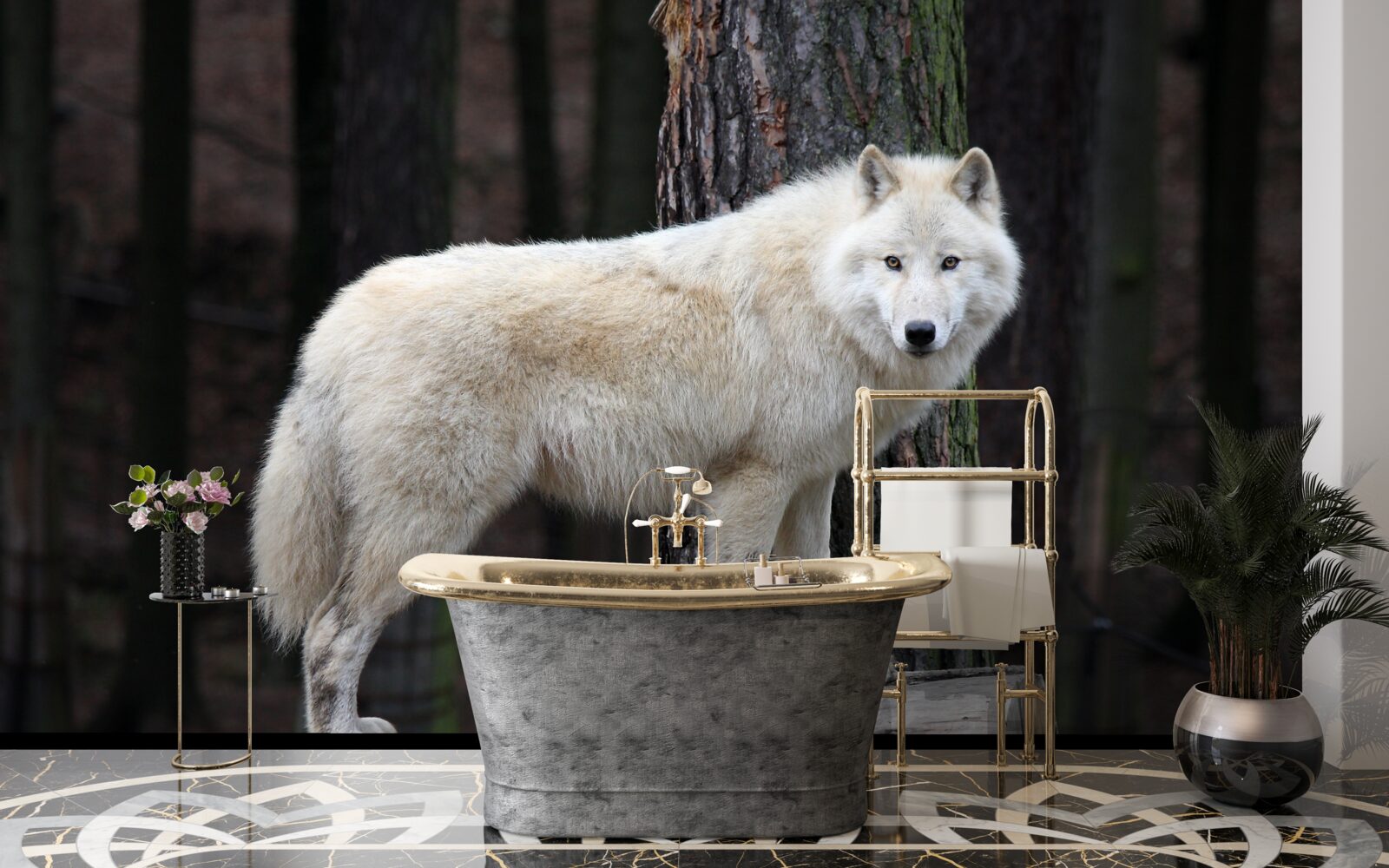 Fototapeta sivý vlk na drevenom polene