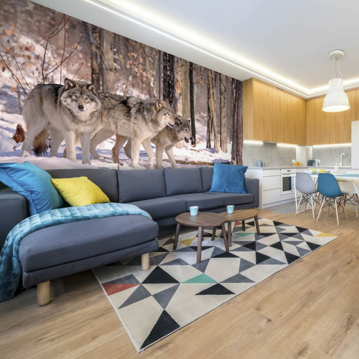 Fototapeta skupina vlkov kráča zimnou húštinou lesa