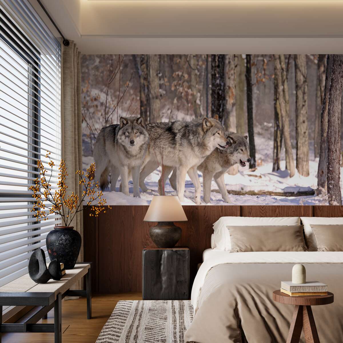 Fototapeta skupina vlkov kráča zimnou húštinou lesa