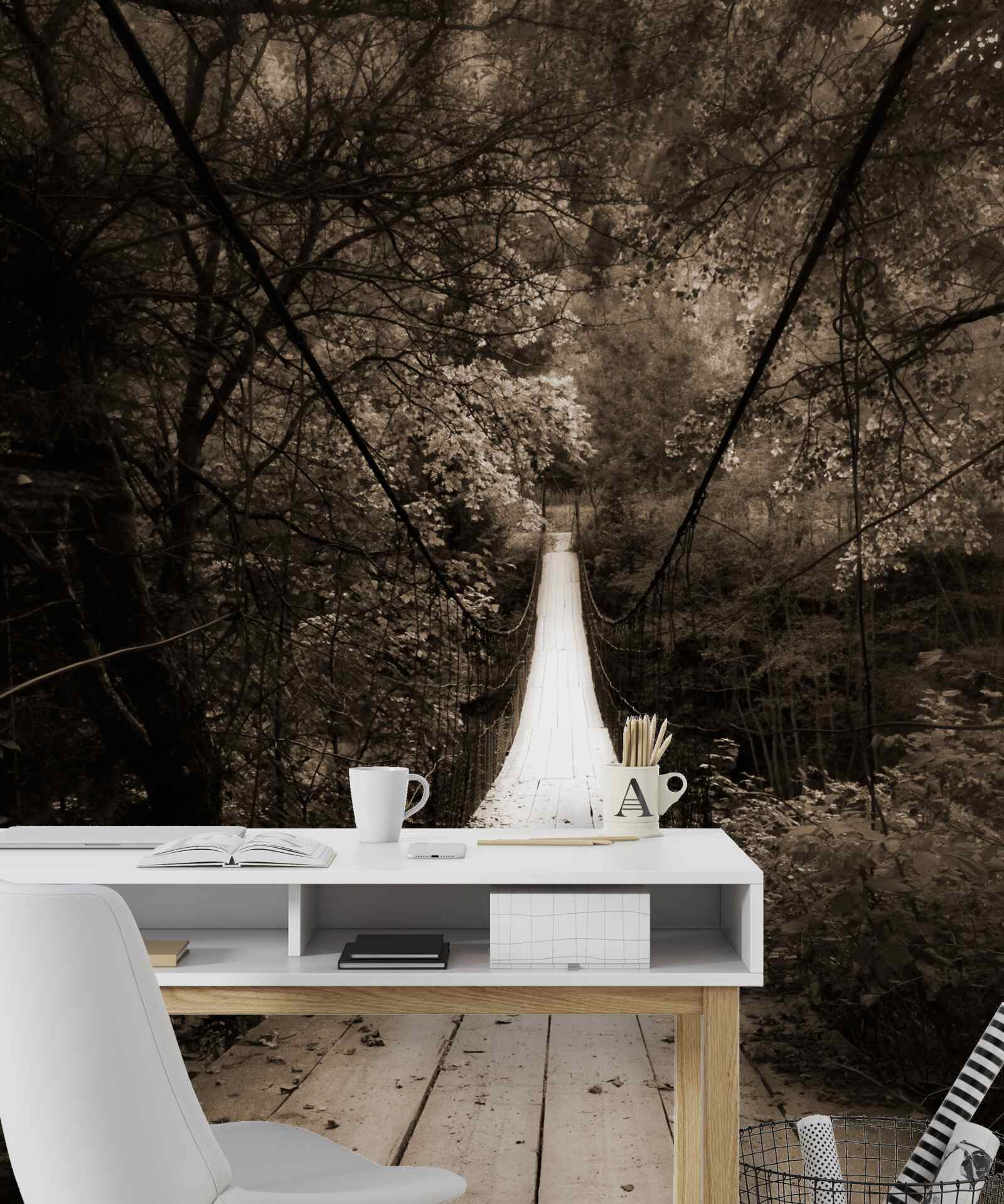 Fototapeta drevený most spájajúci rybník v lesnej oblasti