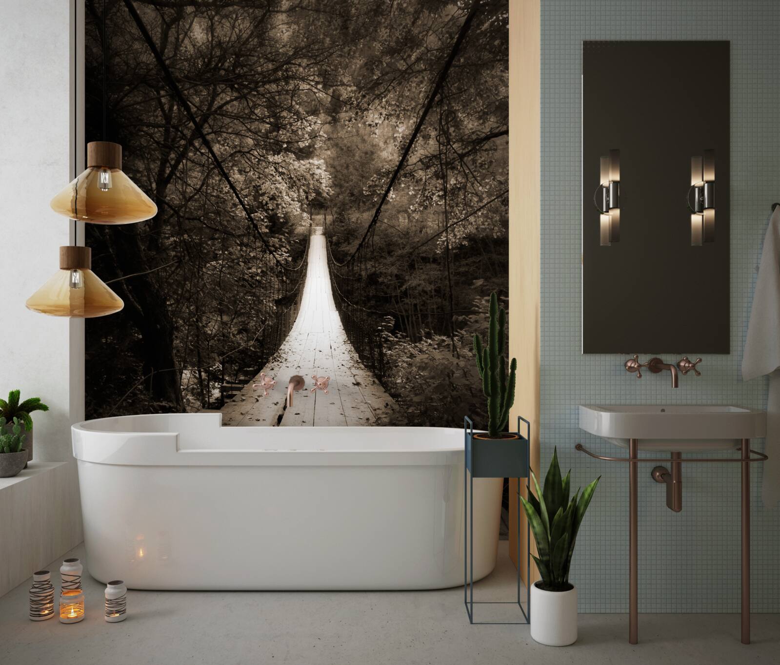 Fototapeta drevený most spájajúci rybník v lesnej oblasti