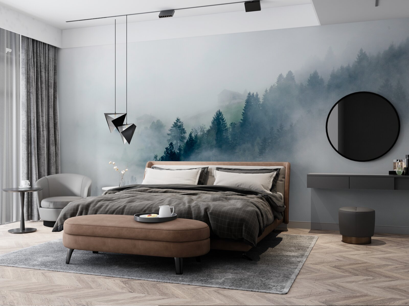 Fototapeta okraj lesa je zahalený v hmle