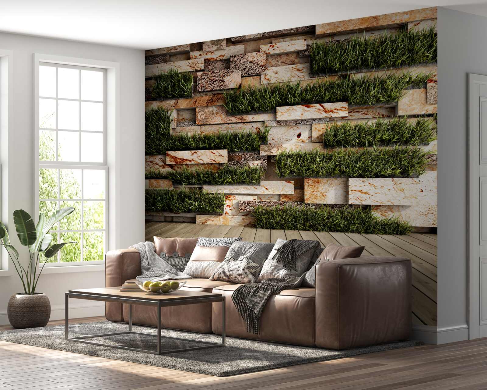 Fototapeta kamenná stena zdobená zelenými rastlinami