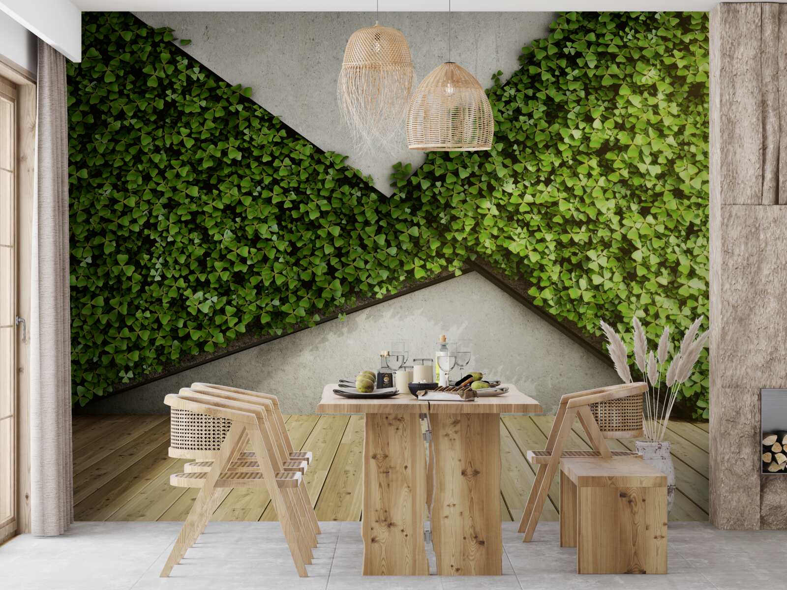 Fototapeta na podlahe sú parkety a stena zdobená živými rastlinami