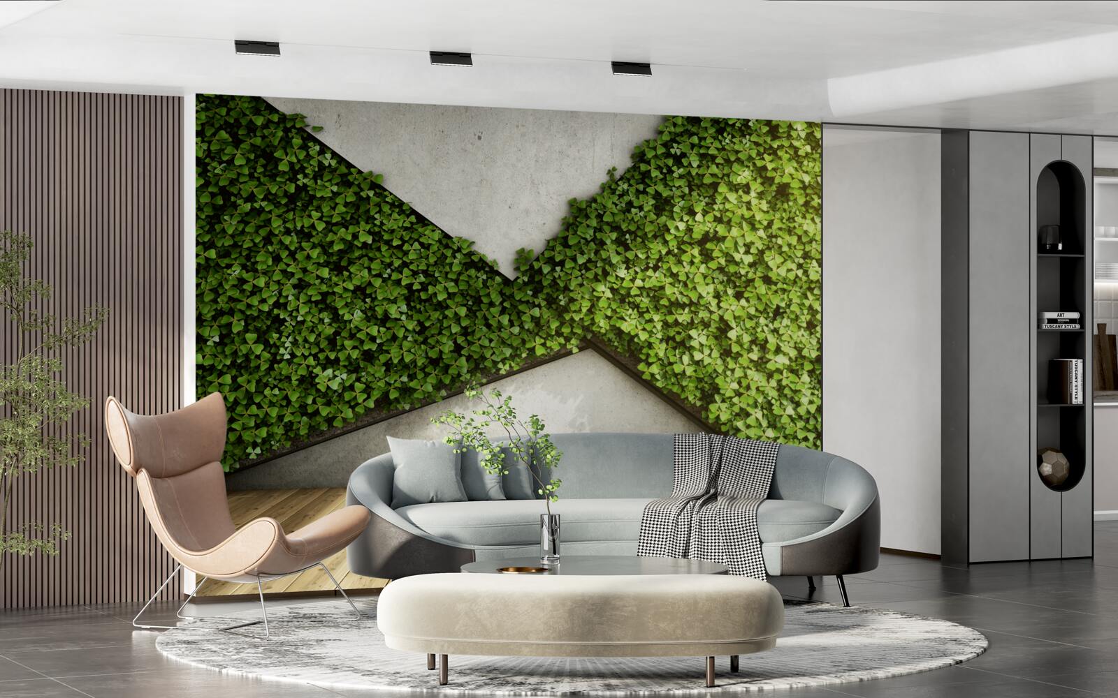 Fototapeta na podlahe sú parkety a stena zdobená živými rastlinami