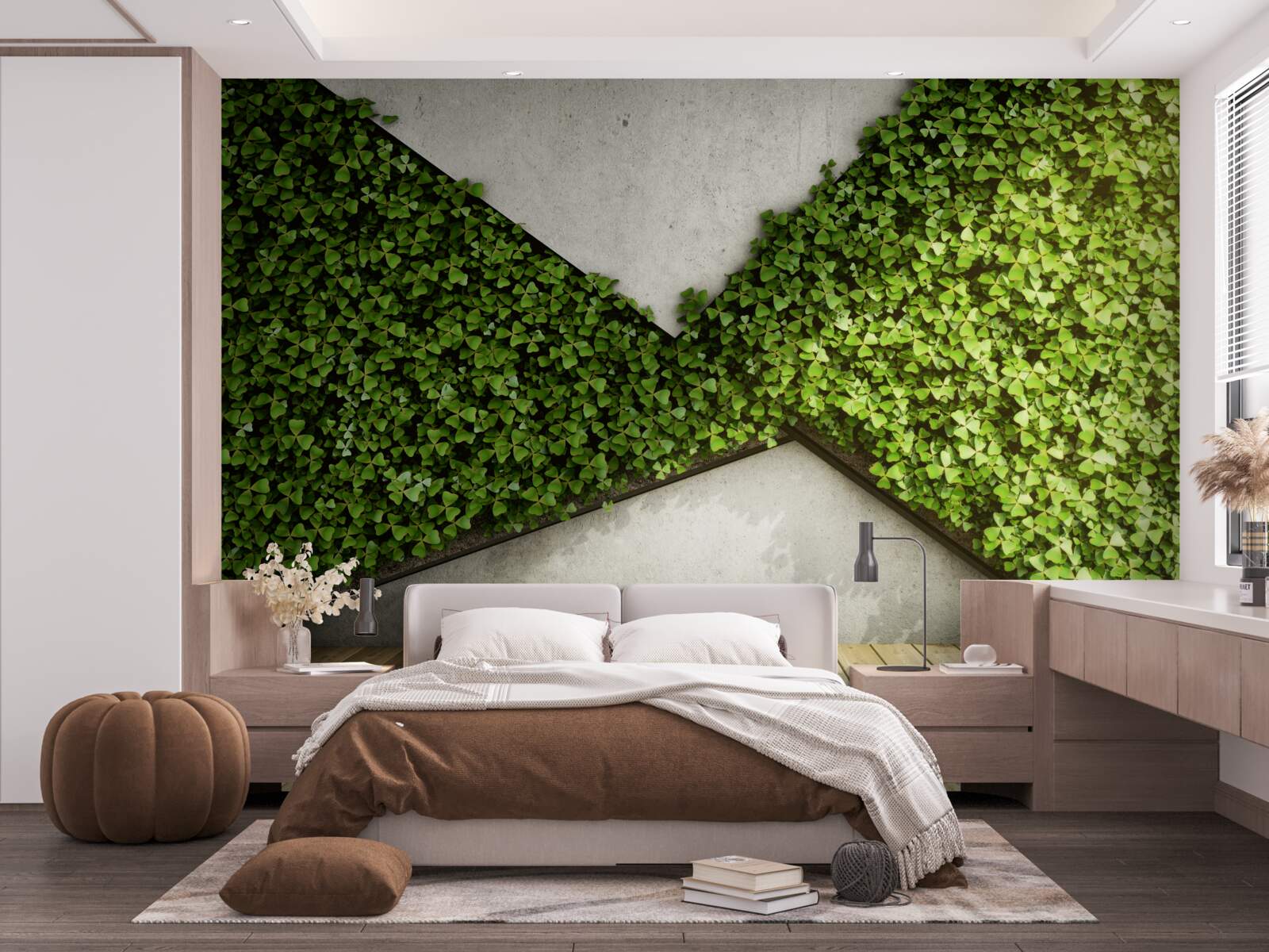 Fototapeta na podlahe sú parkety a stena zdobená živými rastlinami