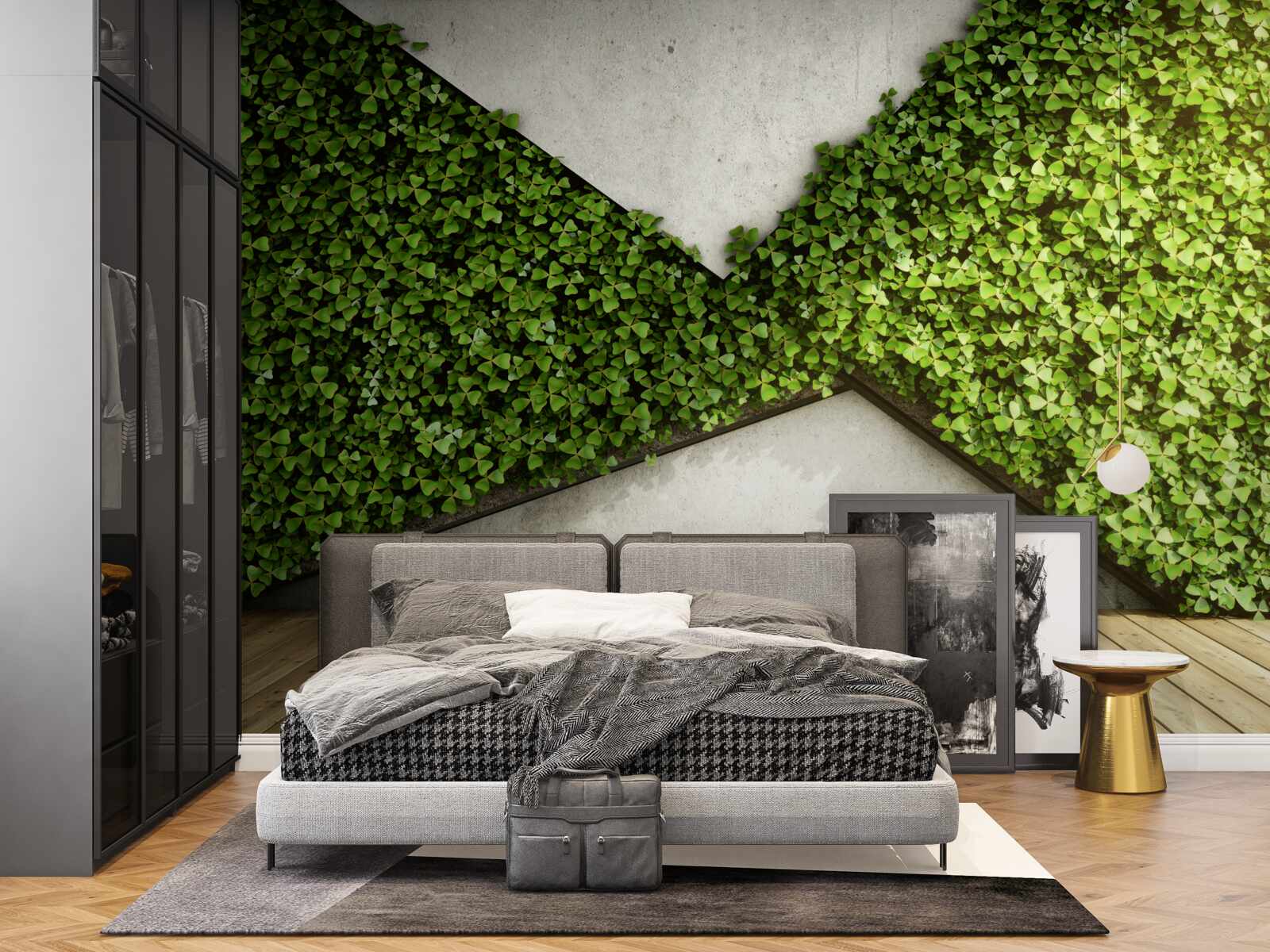 Fototapeta na podlahe sú parkety a stena zdobená živými rastlinami