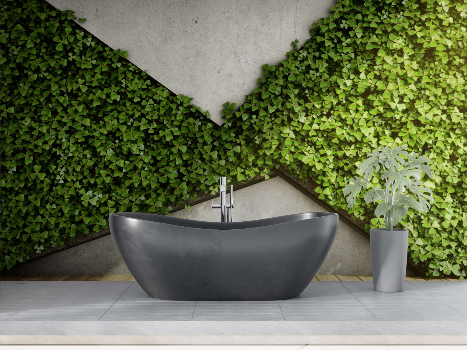 Fototapeta na podlahe sú parkety a stena zdobená živými rastlinami