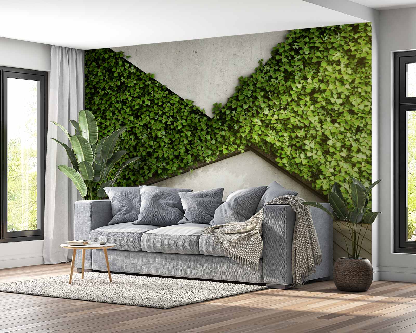 Fototapeta na podlahe sú parkety a stena zdobená živými rastlinami