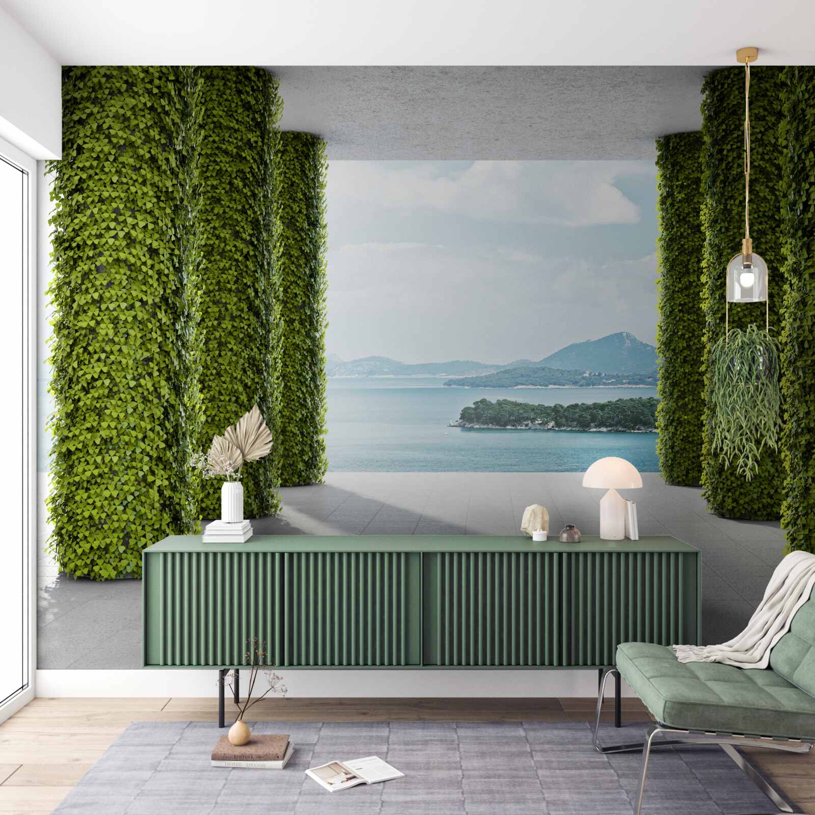 Fototapeta kolonáda medzi zeleňou vedúcou k moru