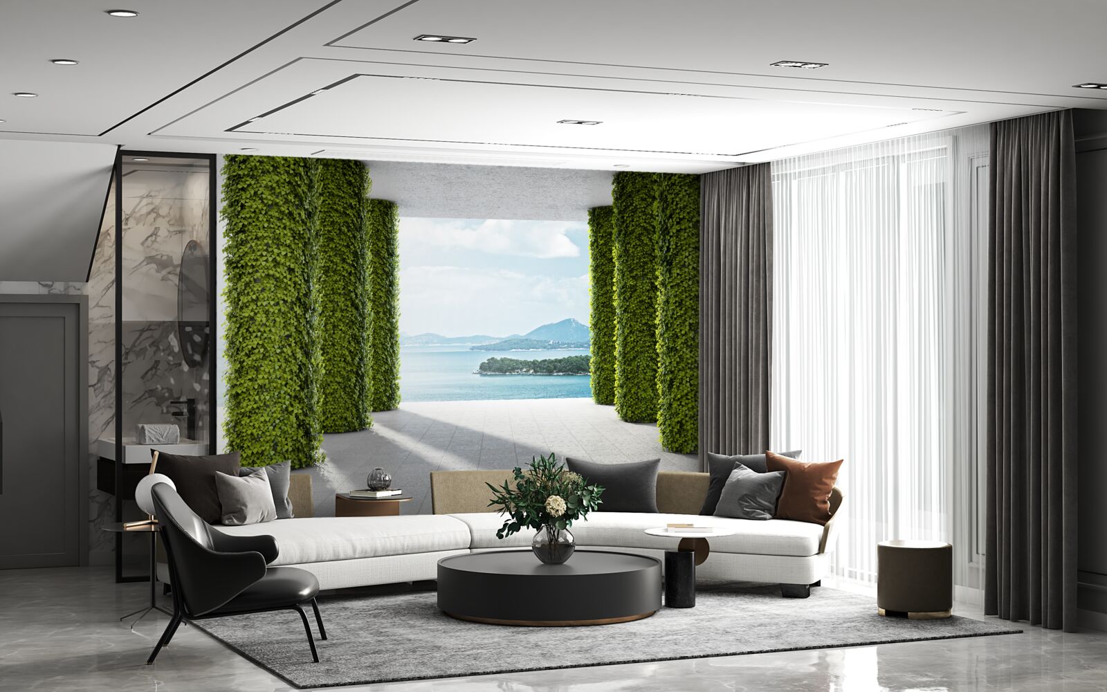 Fototapeta kolonáda medzi zeleňou vedúcou k moru