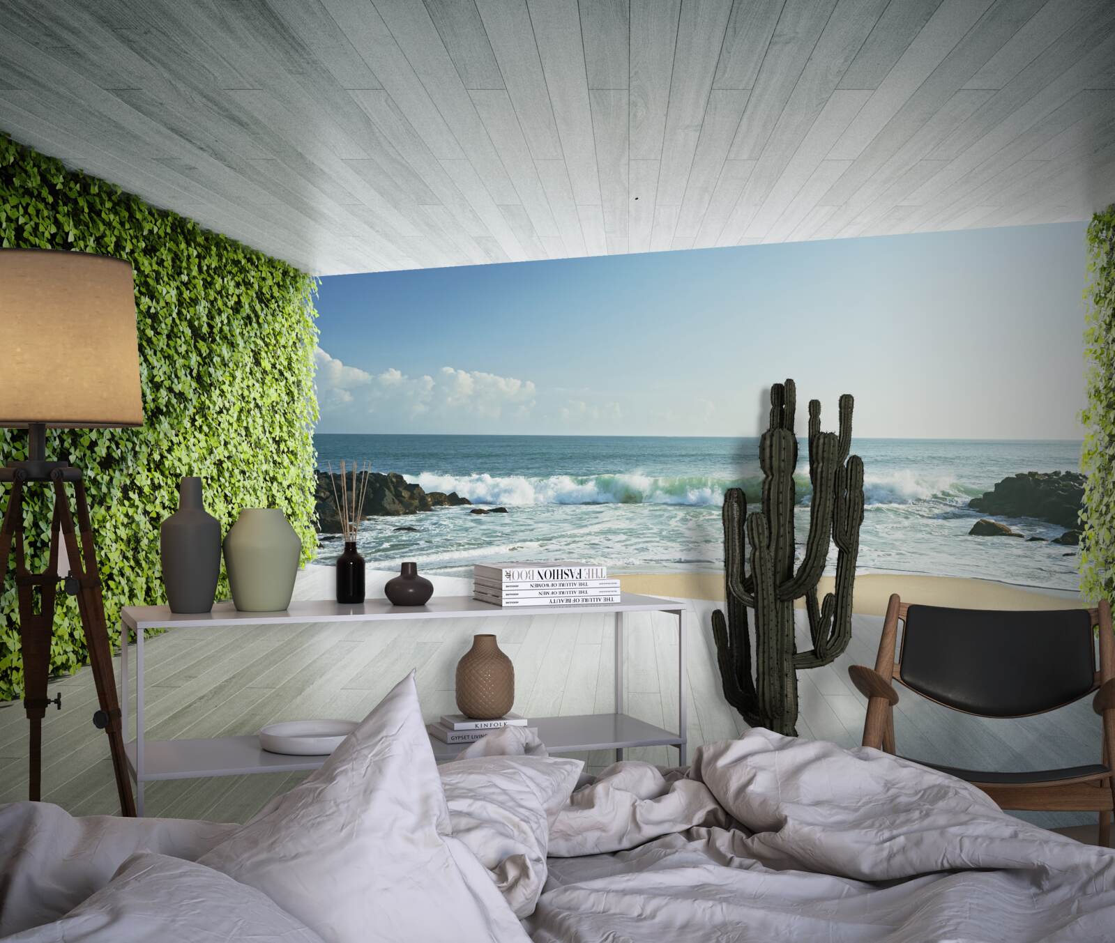 Fototapeta elegantný balkón v odtieňoch zelenej s výhľadom na pobrežie