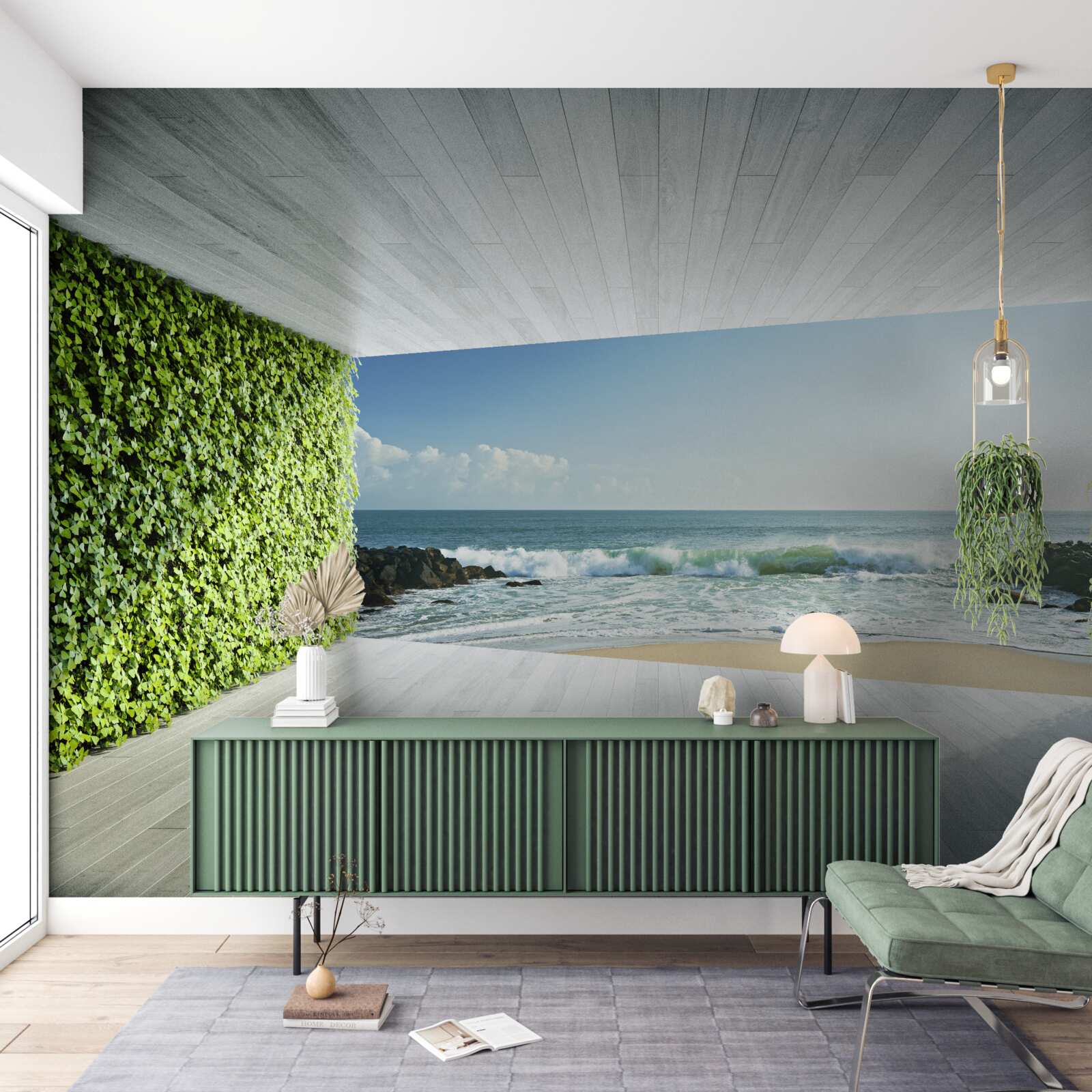 Fototapeta elegantný balkón v odtieňoch zelenej s výhľadom na pobrežie