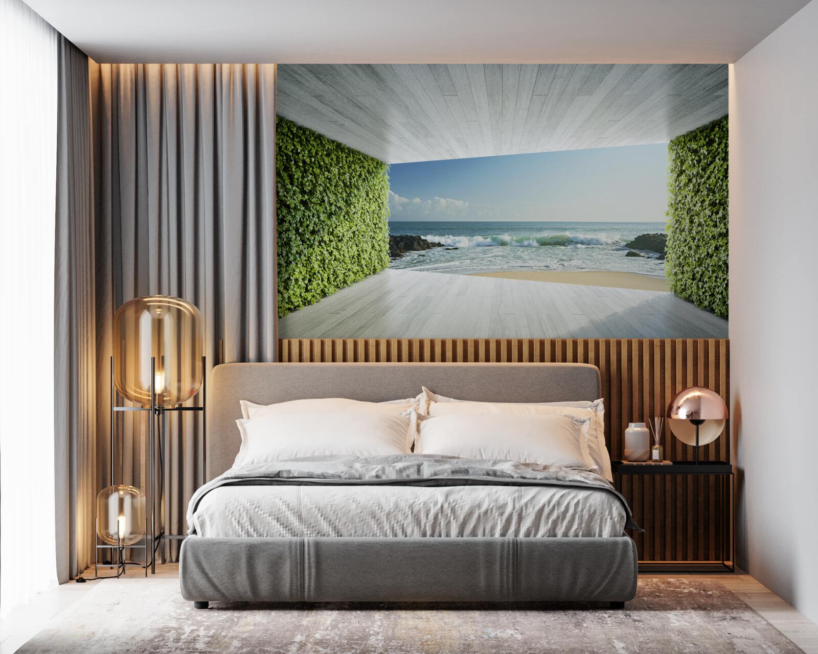 Fototapeta elegantný balkón v odtieňoch zelenej s výhľadom na pobrežie