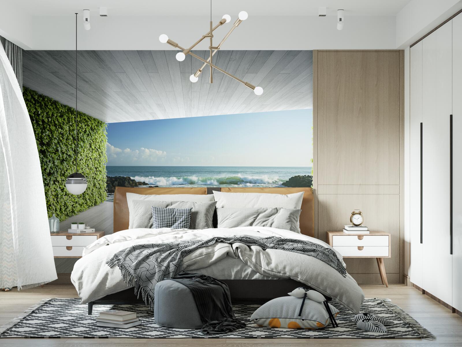 Fototapeta elegantný balkón v odtieňoch zelenej s výhľadom na pobrežie