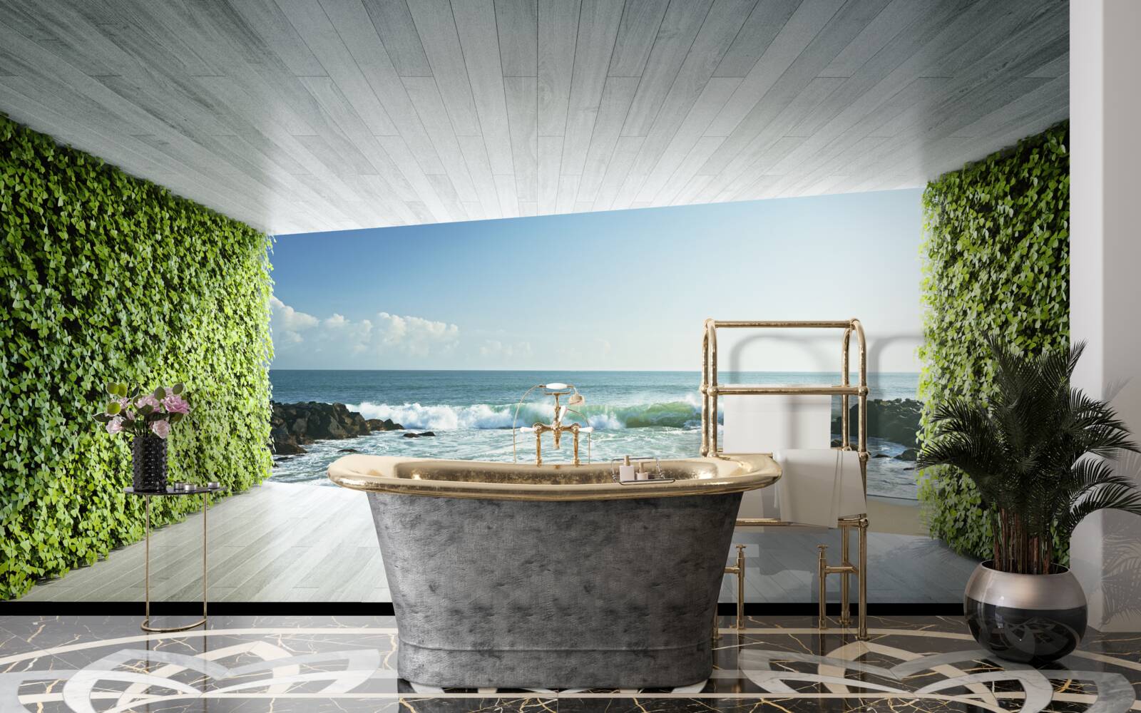 Fototapeta elegantný balkón v odtieňoch zelenej s výhľadom na pobrežie