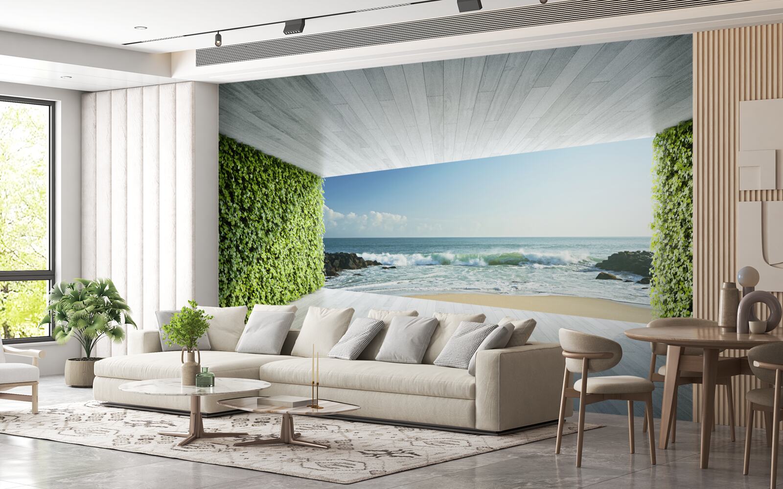 Fototapeta elegantný balkón v odtieňoch zelenej s výhľadom na pobrežie