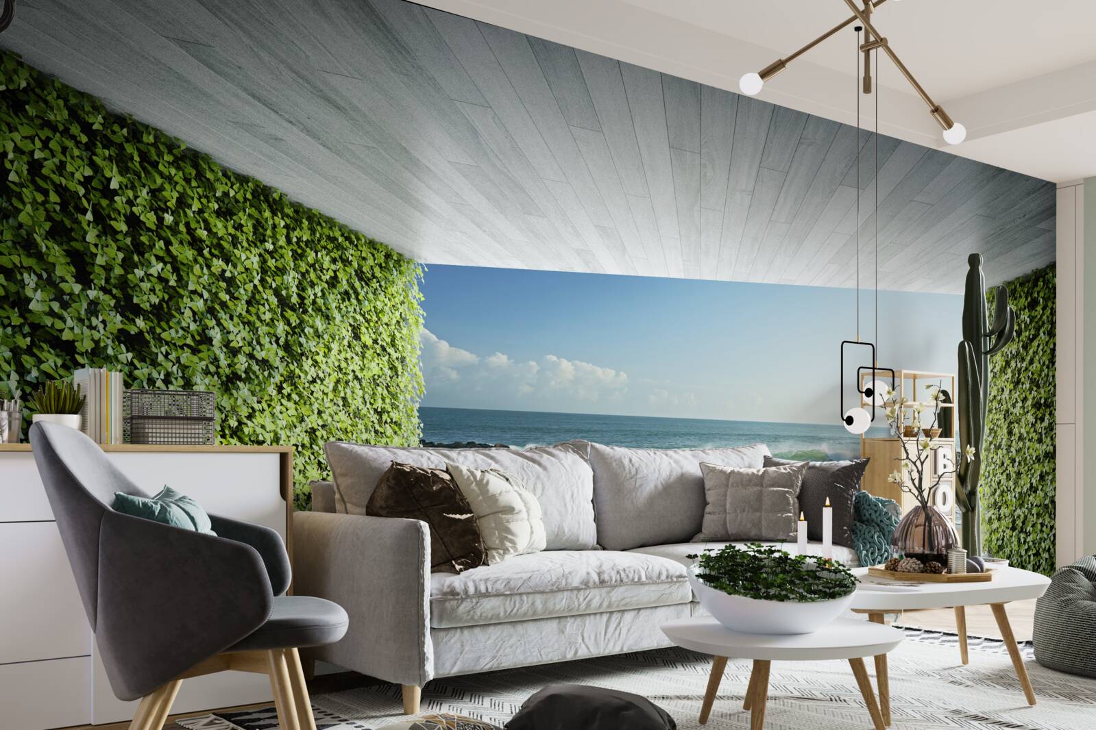 Fototapeta elegantný balkón v odtieňoch zelenej s výhľadom na pobrežie