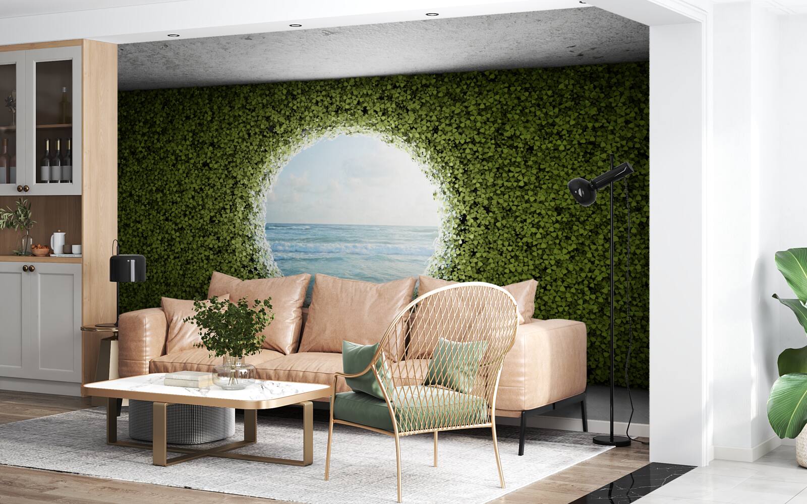 Fototapeta Stena zo zelených rastlín s okrúhlym otvorom