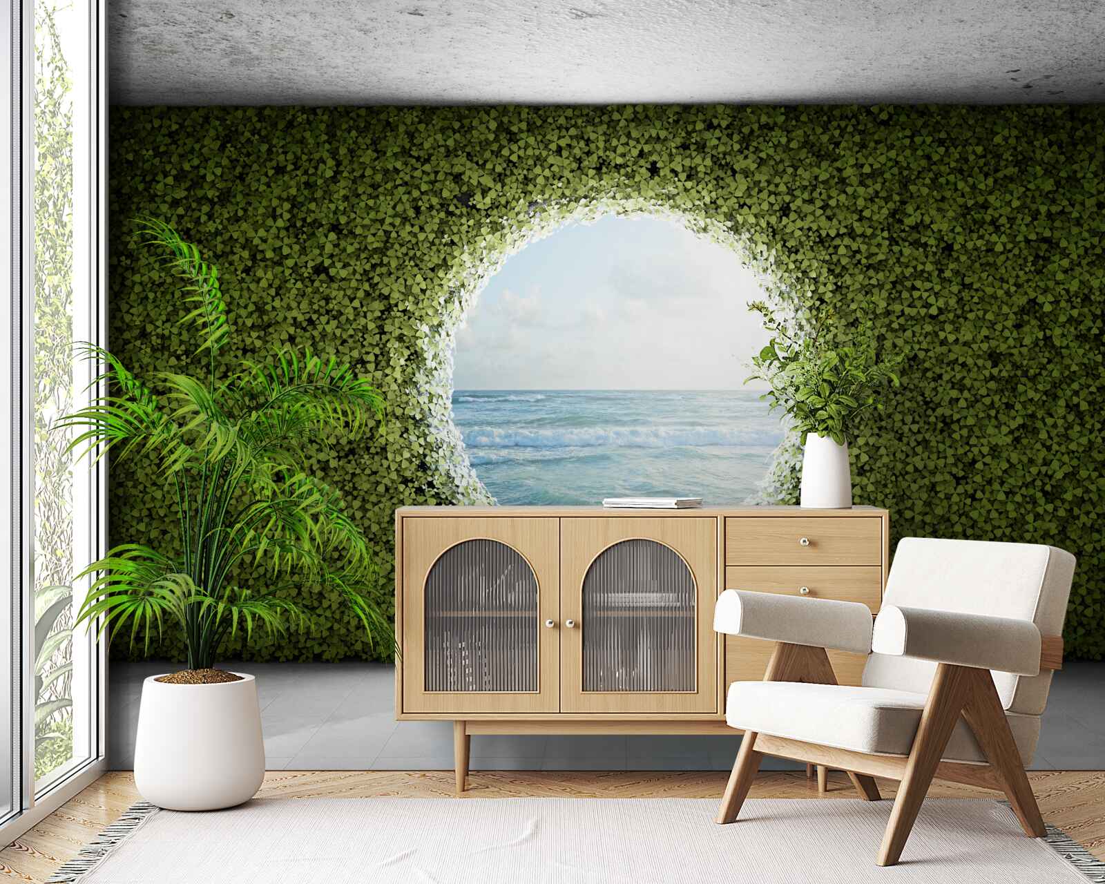 Fototapeta Stena zo zelených rastlín s okrúhlym otvorom