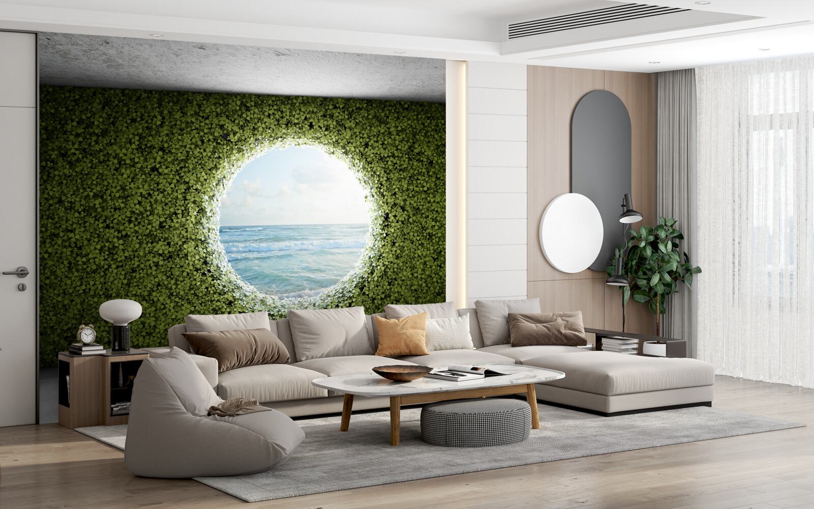 Fototapeta Stena zo zelených rastlín s okrúhlym otvorom