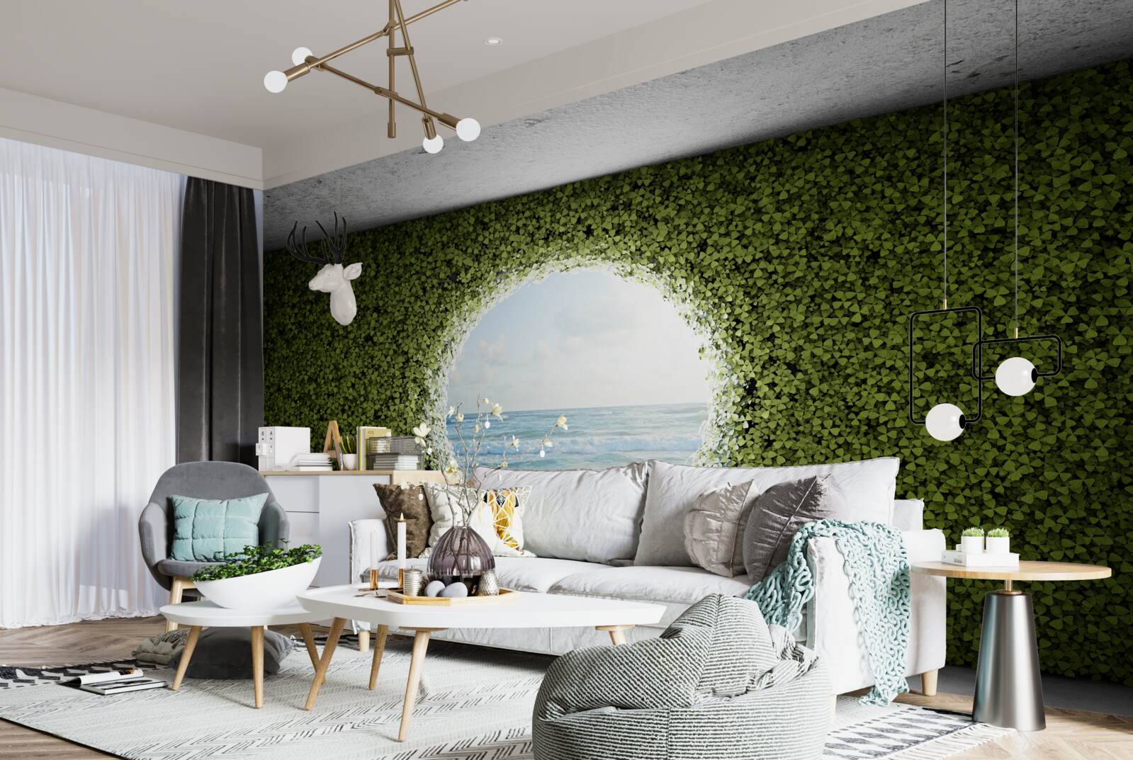 Fototapeta Stena zo zelených rastlín s okrúhlym otvorom