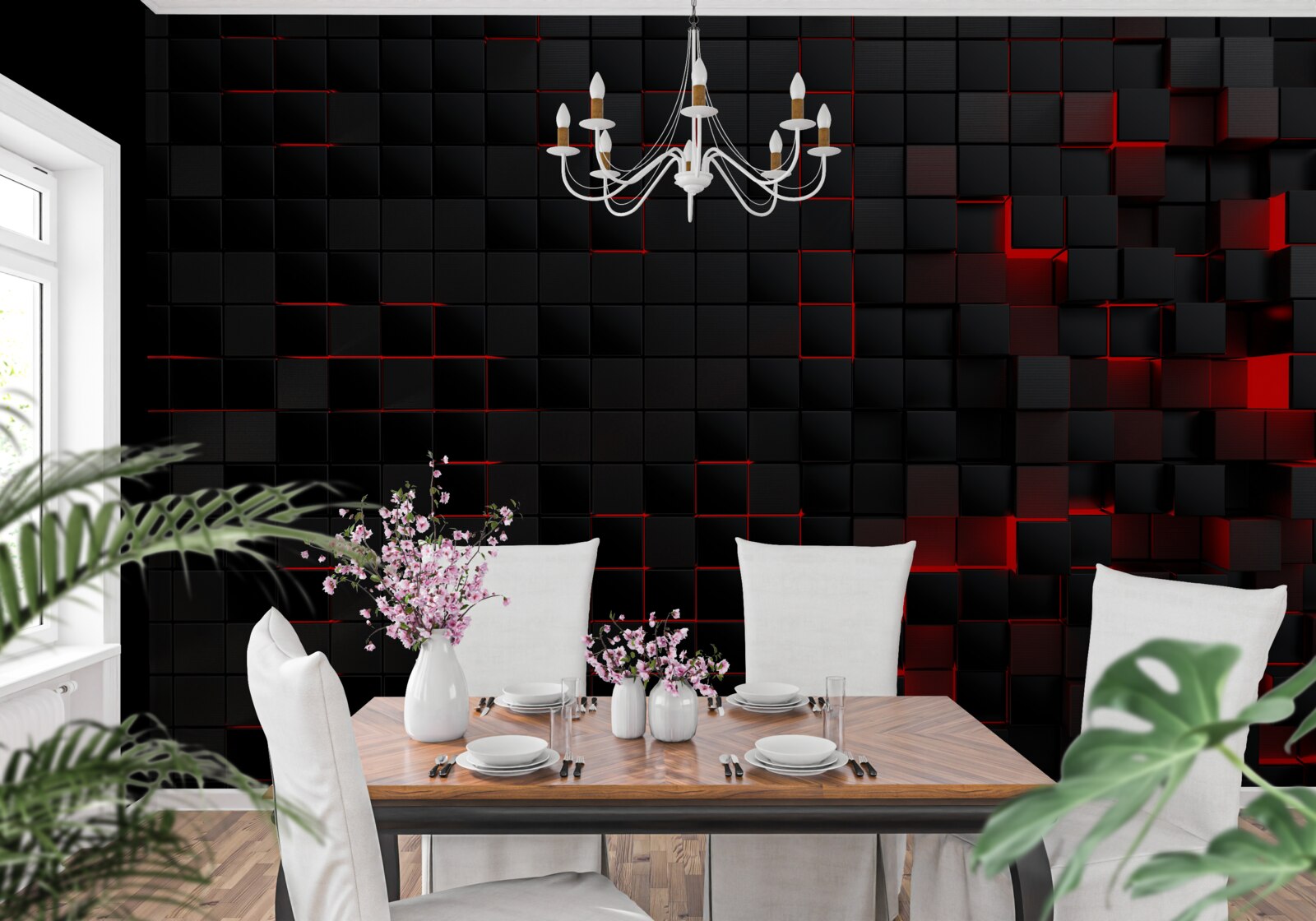 Fototapeta čierna textúrovaná stena osvetlená červeným svetlom a zdobená štvorcami