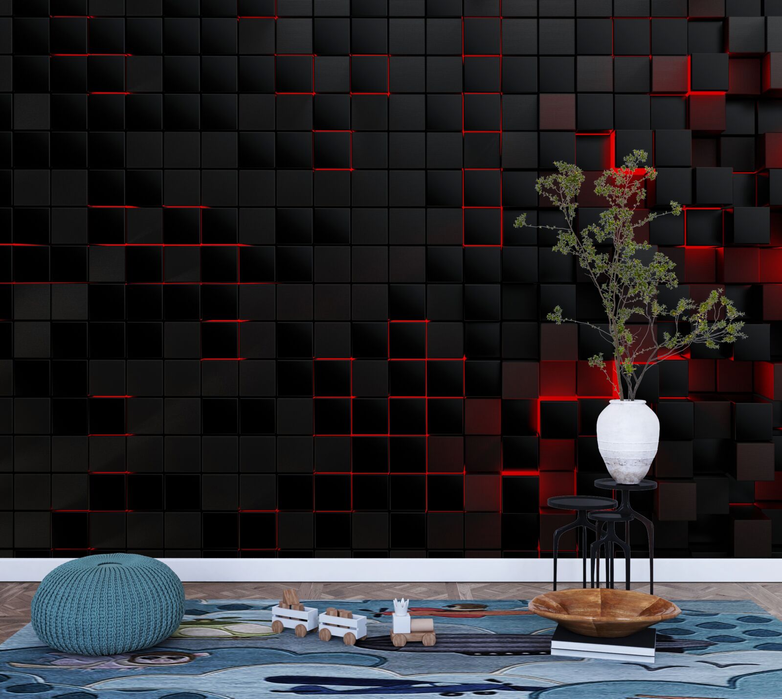 Fototapeta čierna textúrovaná stena osvetlená červeným svetlom a zdobená štvorcami