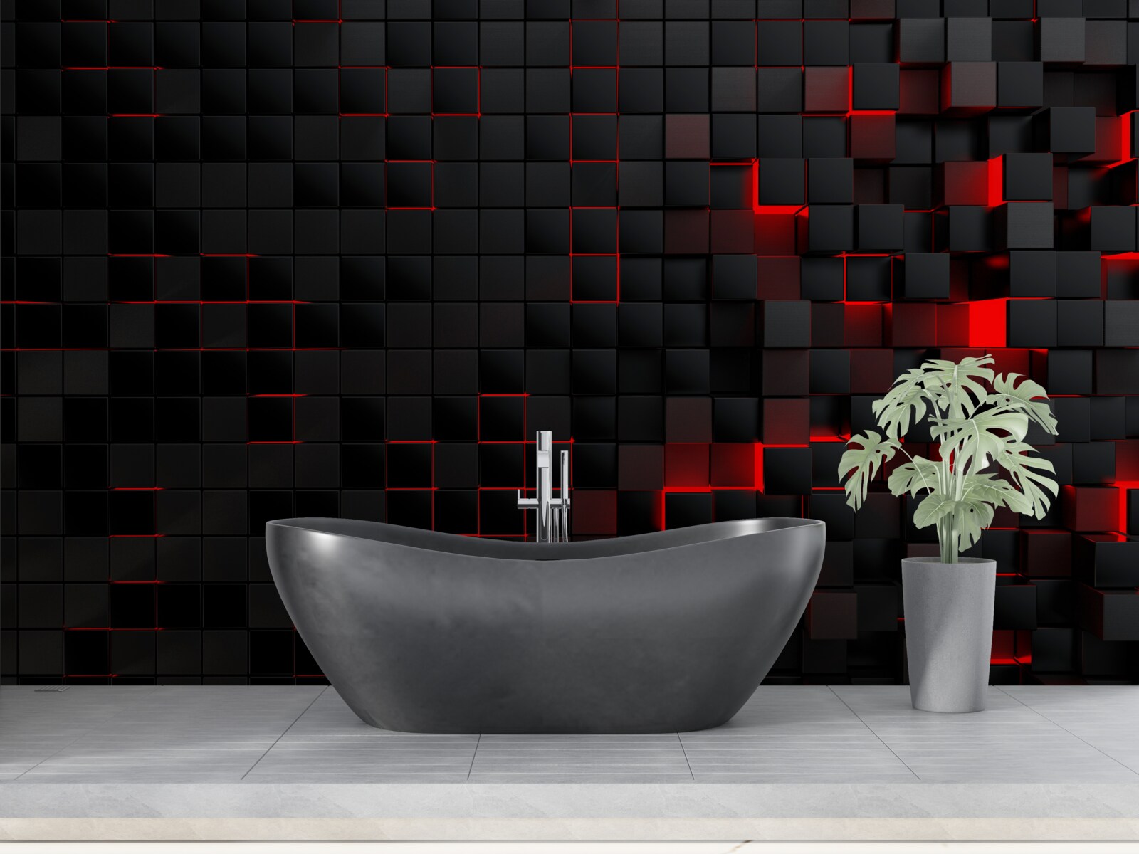 Fototapeta čierna textúrovaná stena osvetlená červeným svetlom a zdobená štvorcami