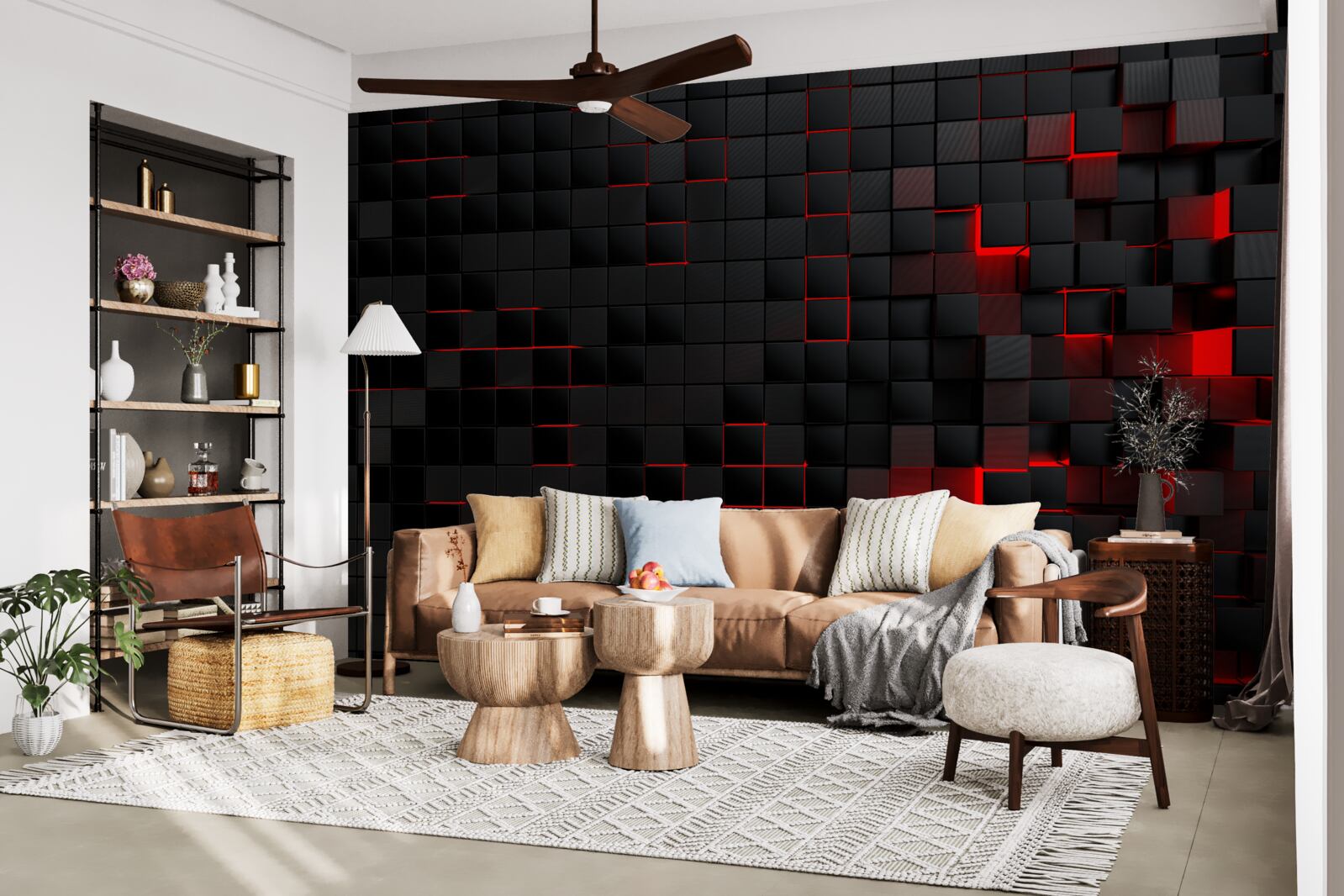 Fototapeta čierna textúrovaná stena osvetlená červeným svetlom a zdobená štvorcami