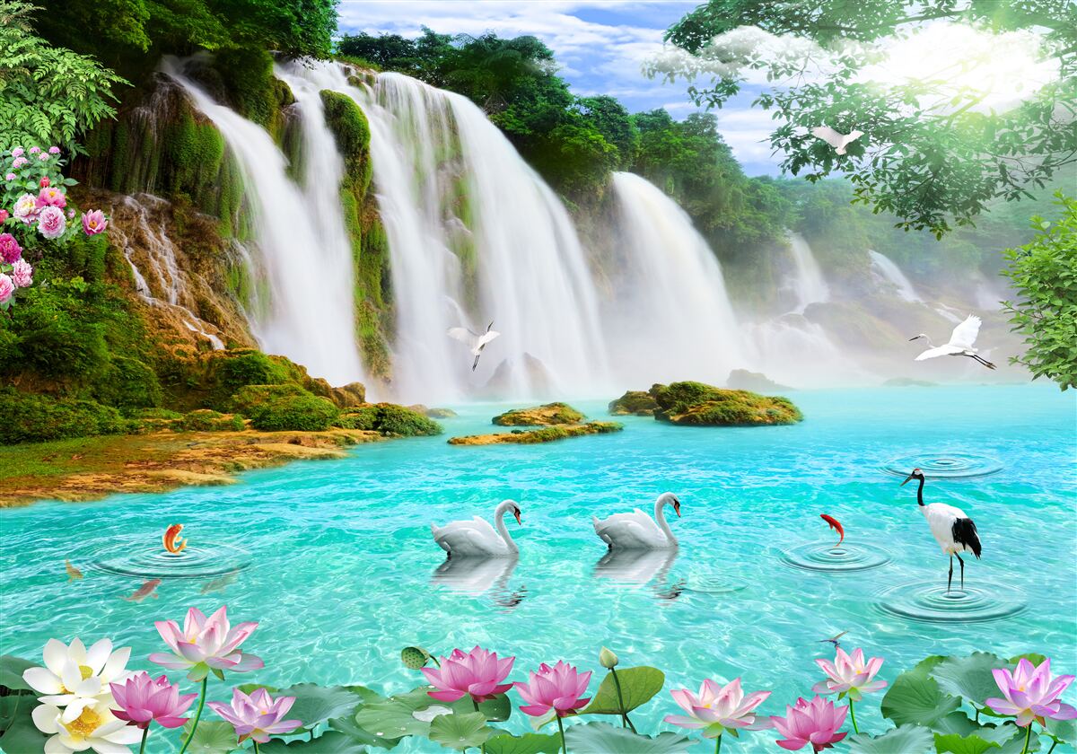 Fototapeta voda pri vodopáde s labuťami má krištáľovo modrý odtieň