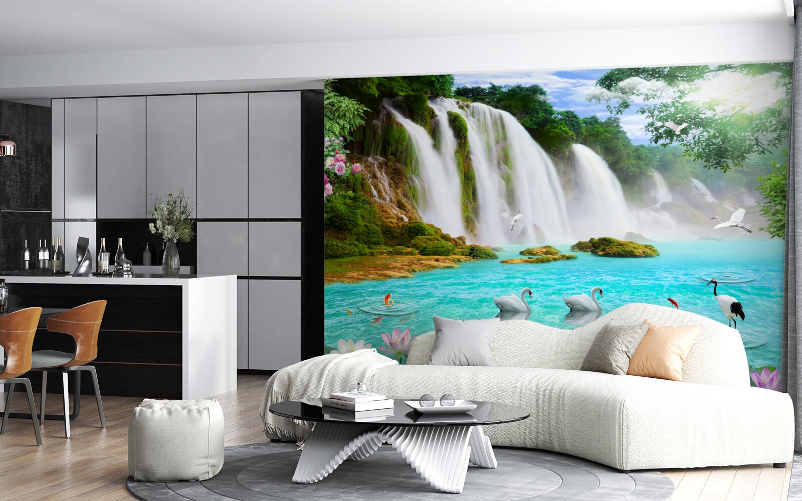 Fototapeta voda pri vodopáde s labuťami má krištáľovo modrý odtieň