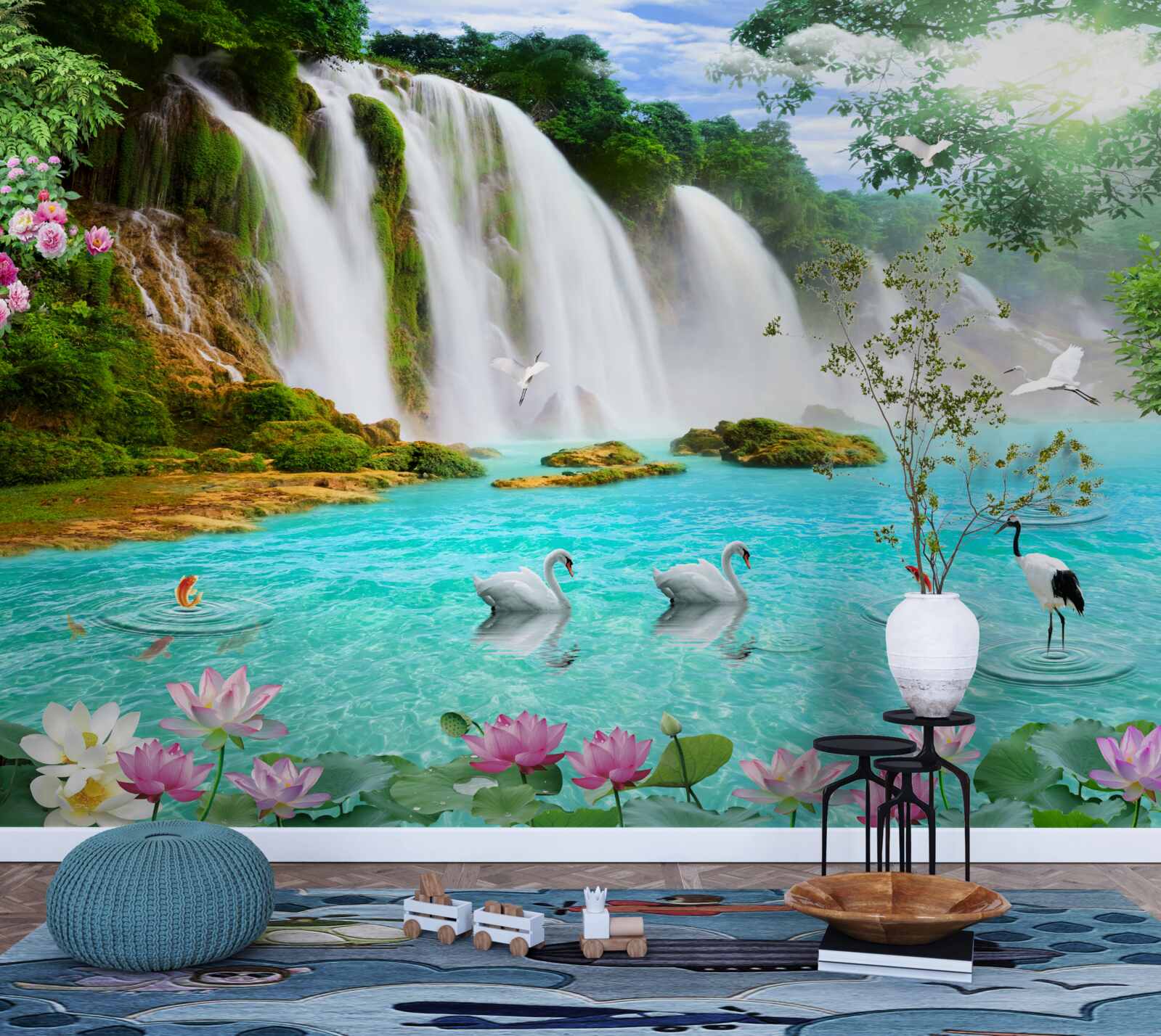 Fototapeta voda pri vodopáde s labuťami má krištáľovo modrý odtieň