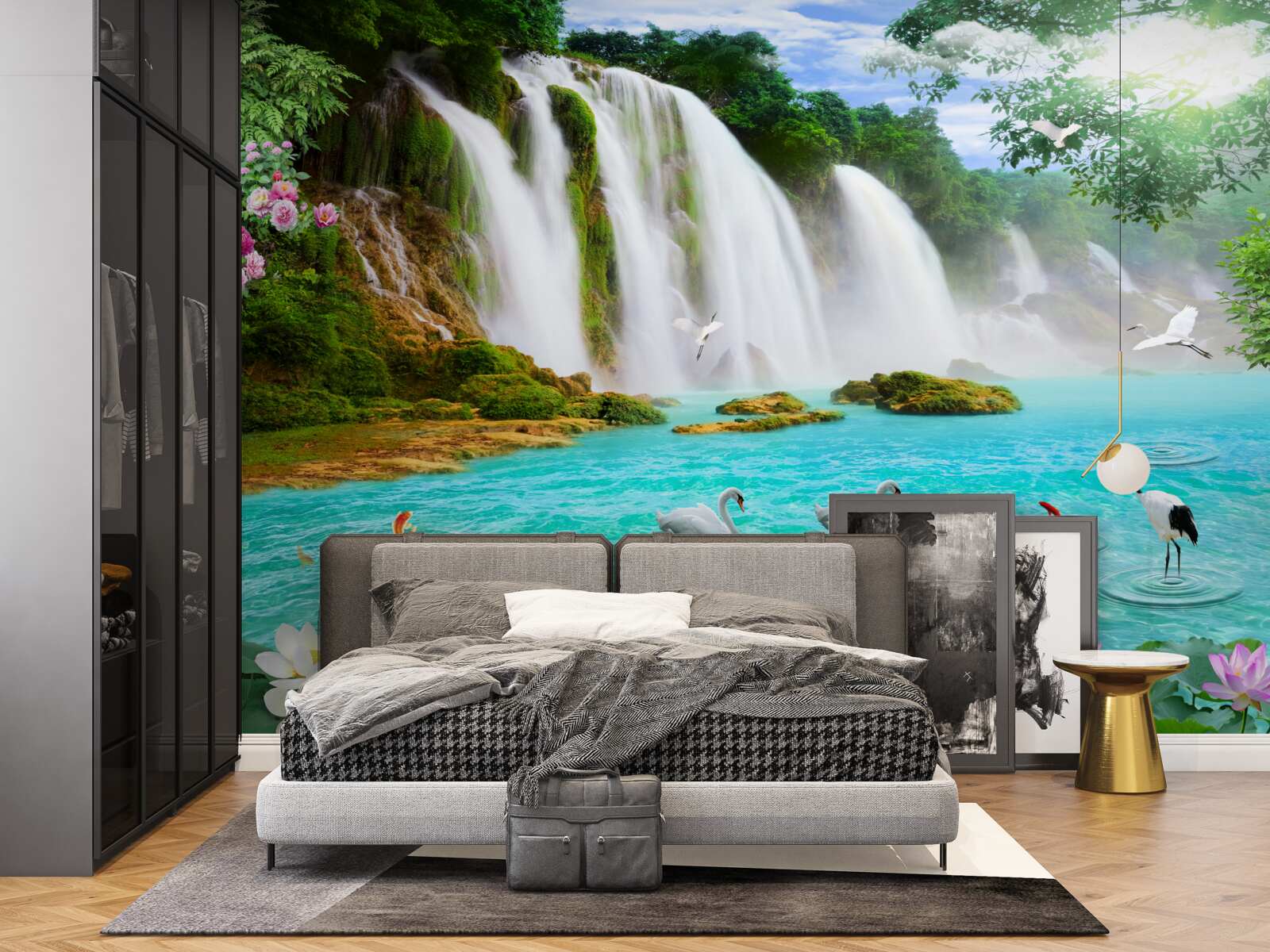 Fototapeta voda pri vodopáde s labuťami má krištáľovo modrý odtieň