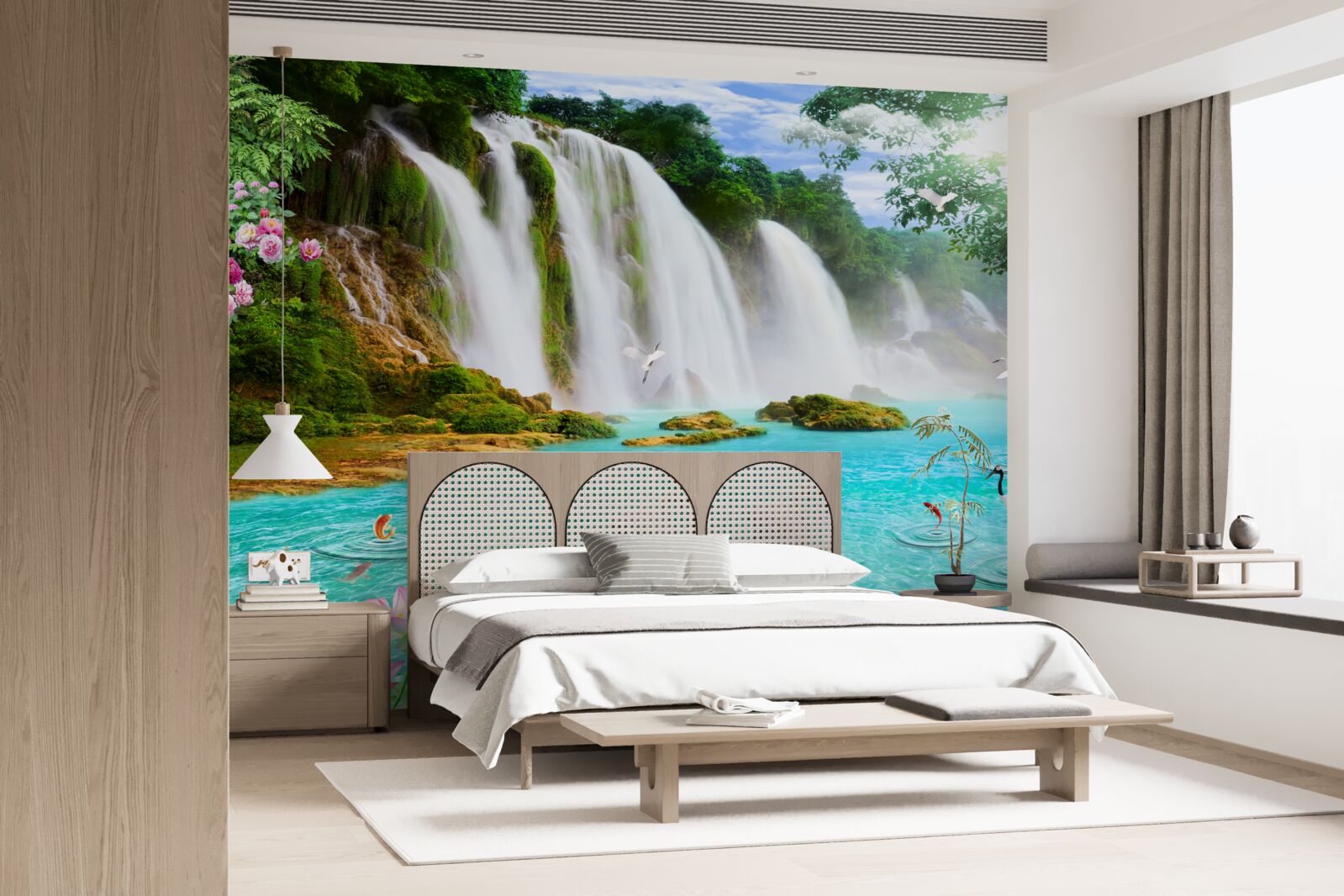 Fototapeta voda pri vodopáde s labuťami má krištáľovo modrý odtieň